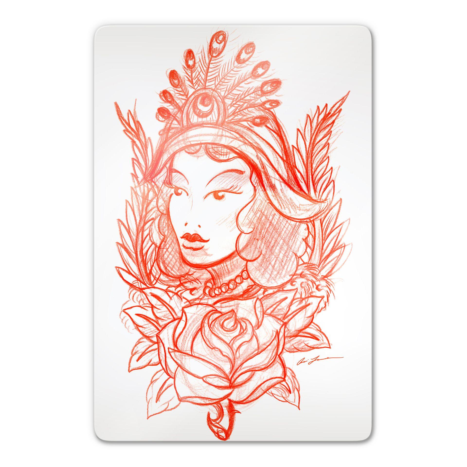 Tableau en verre - Miami Ink - Femme et plumes de paon