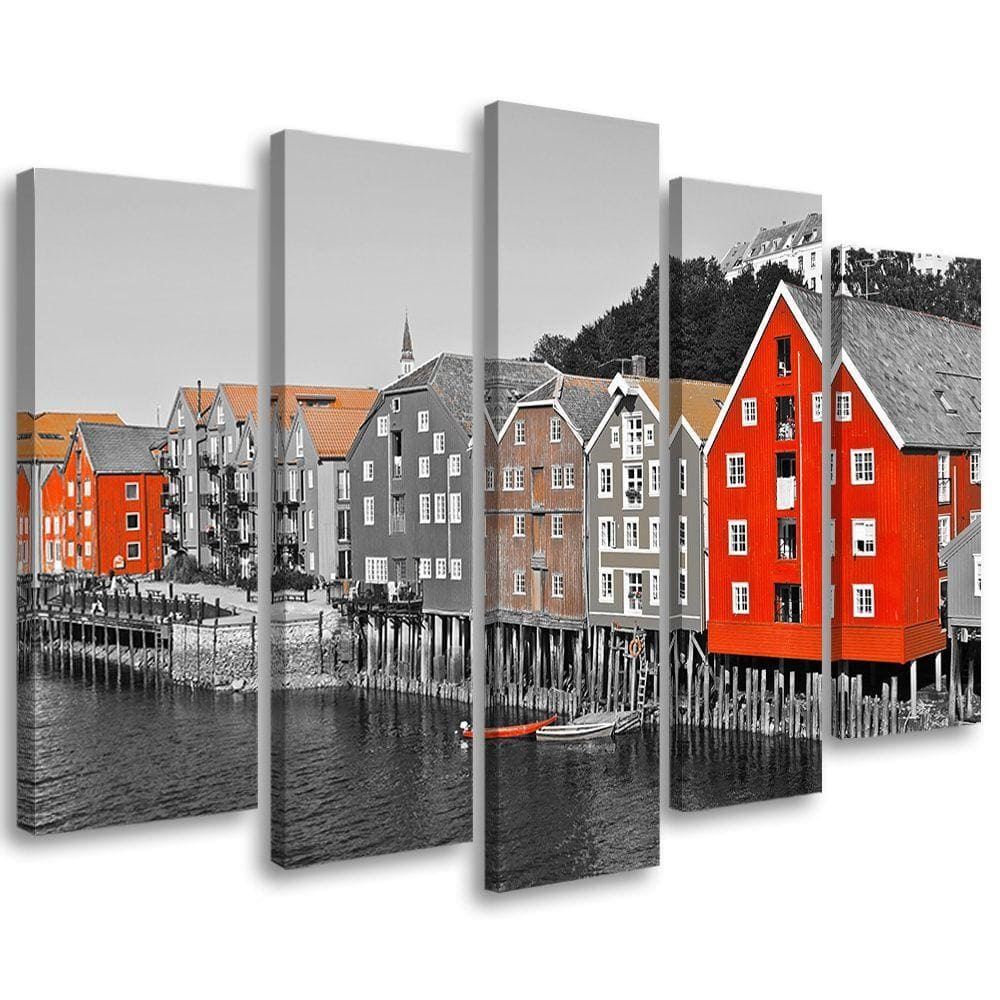 Lærredstryk 5 styk, bygge hav