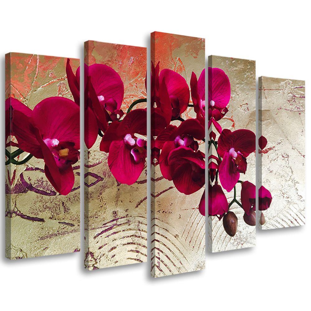 5 stykke lærredsprint, Orchid Flowers Pink