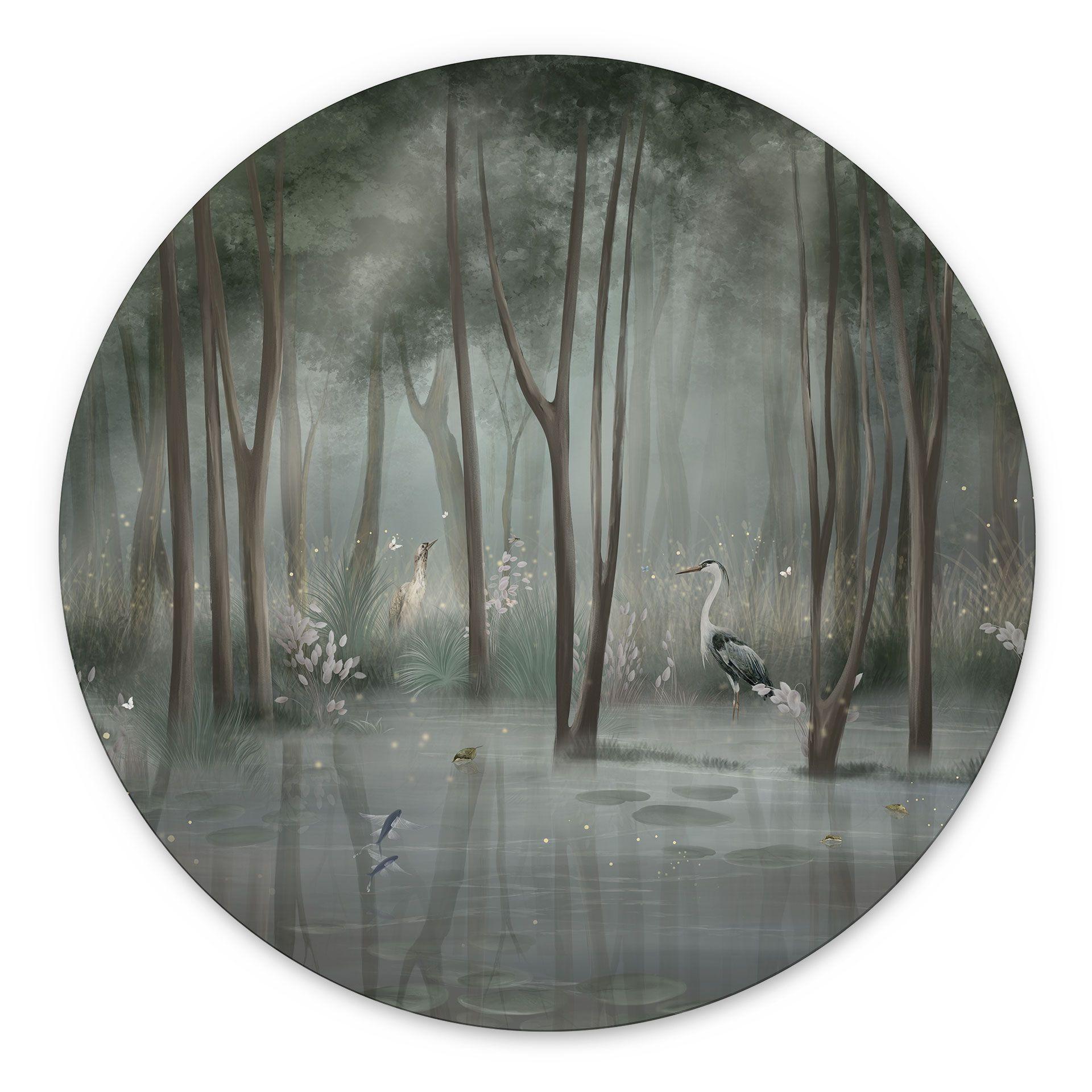 Wanddecoratie nevelwoud aan het meer met reiger in het groen - Ms Tiff - Alu-Dibond Rond