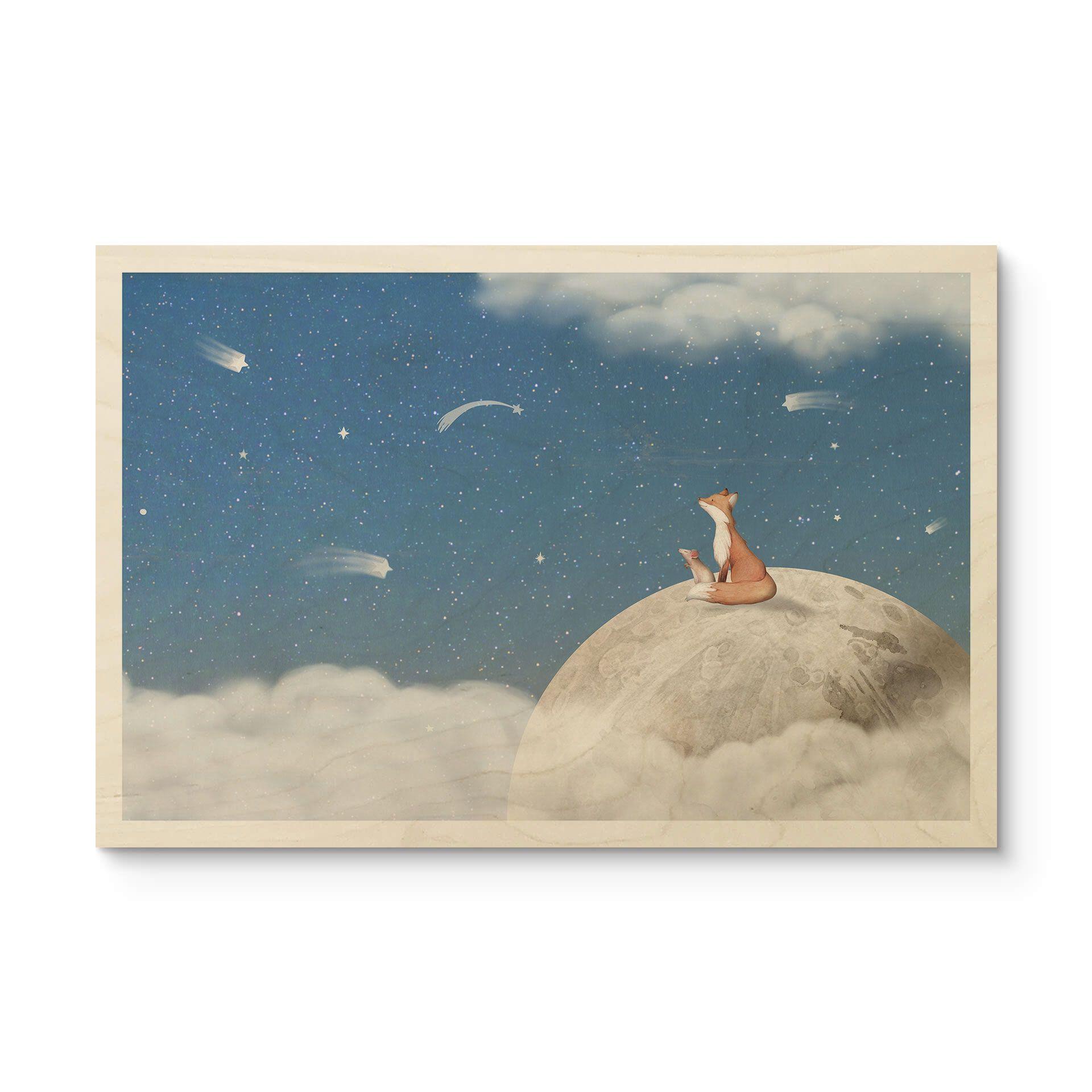 Cuadro de madera de un zorro en la luna con estrellas fugaces - Oliver Robins