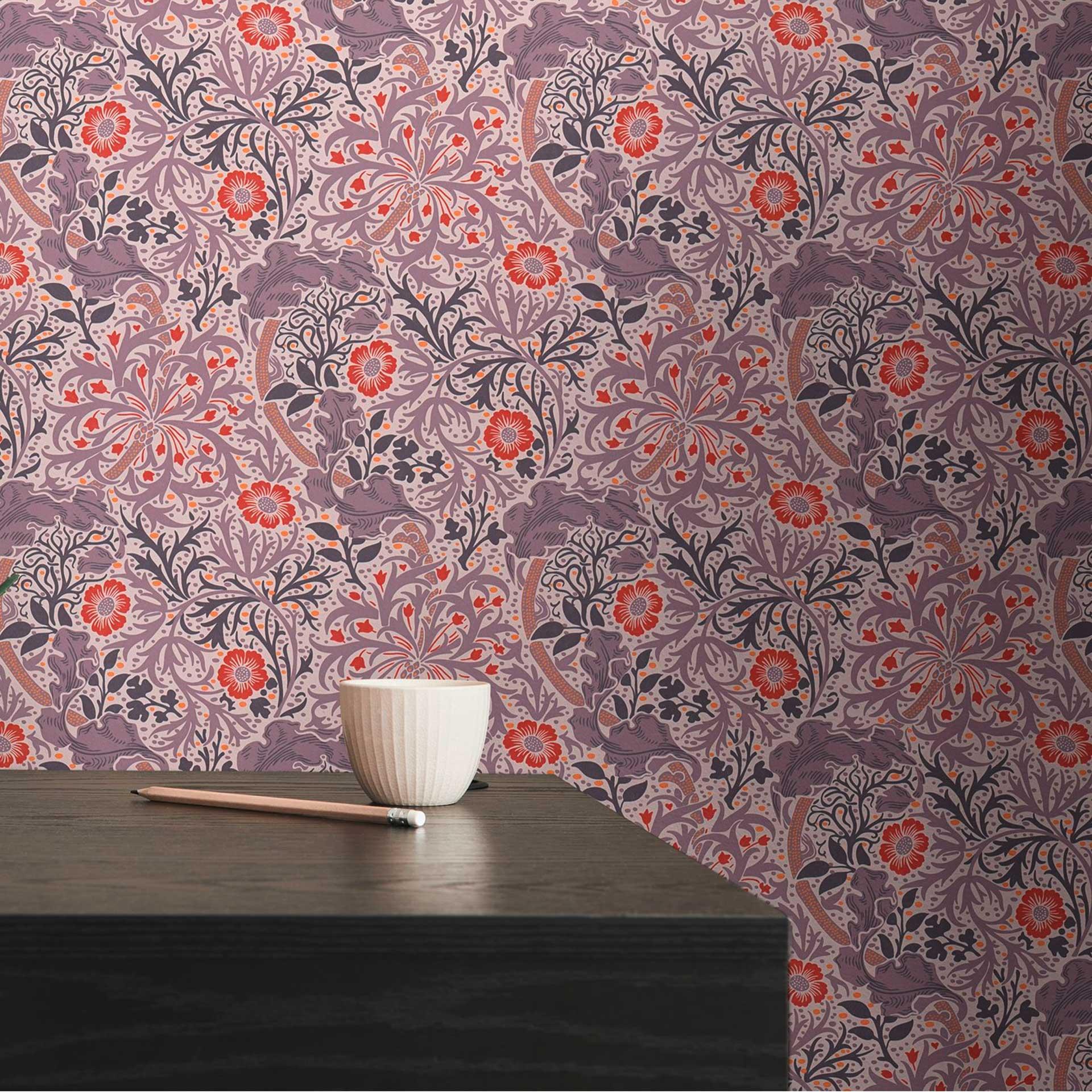Papel pintado con zarcillos de flores y flores rojo púrpura - papel pintado no tejido de flores