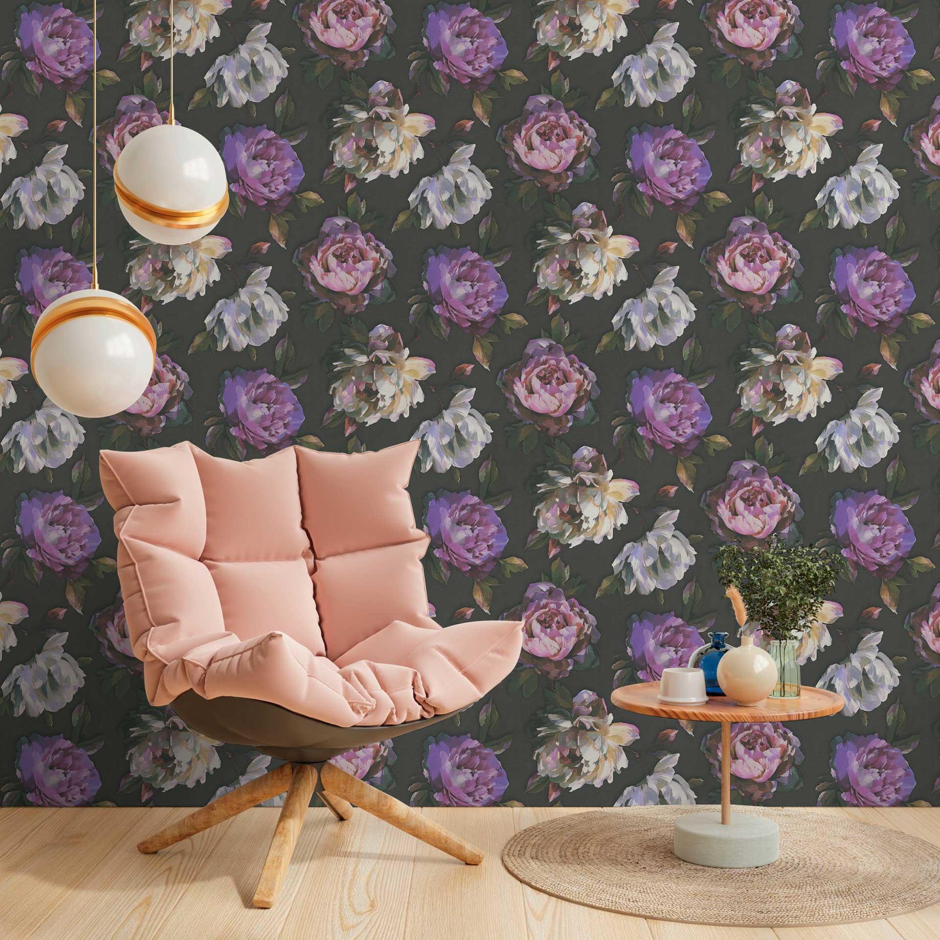 Blomstret tapet med pæoner sort-lilla - elegant blomstret tapet - Ikke-vævet tapet
