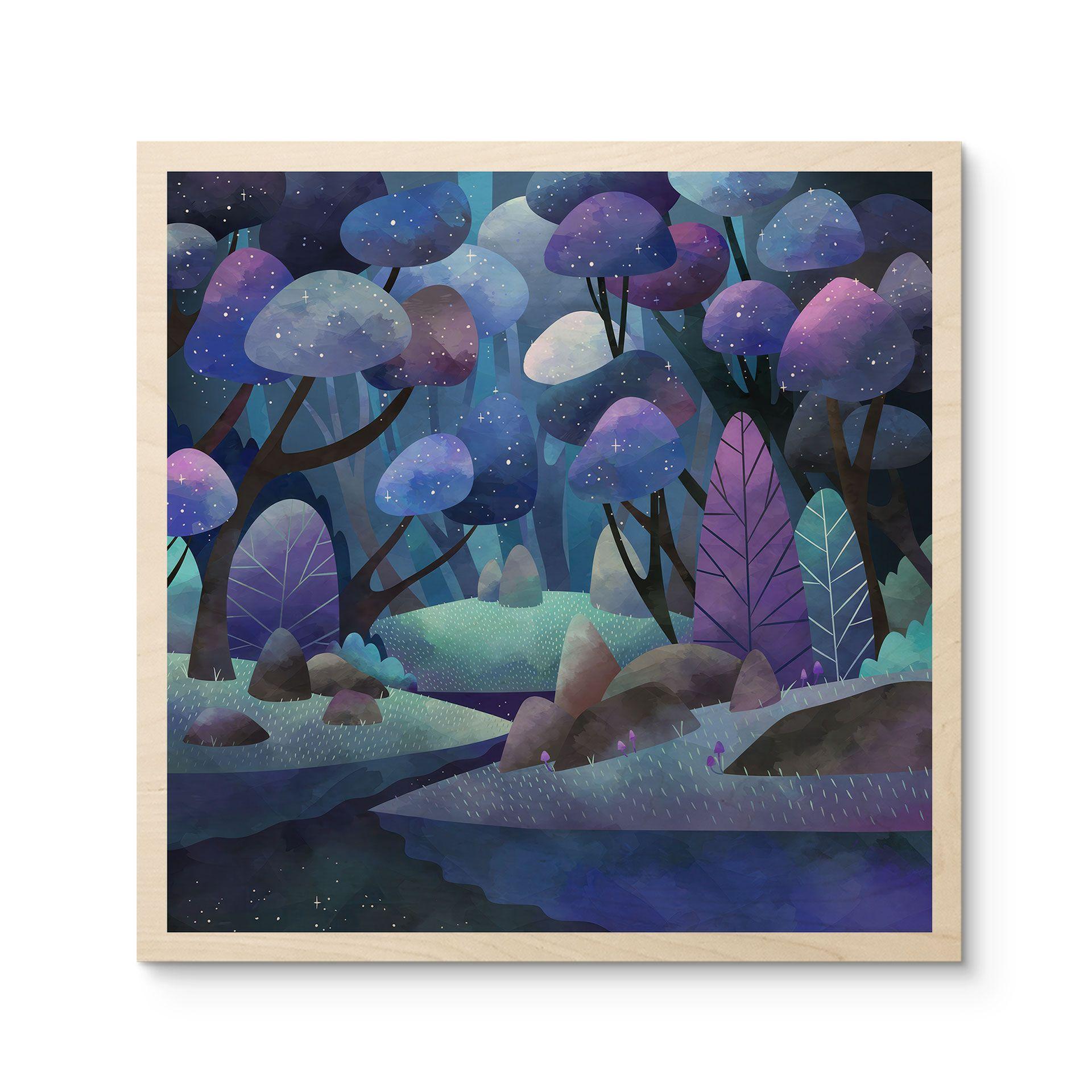 Cuadro de madera bosque encantado en azul noche - DigitalArtsi