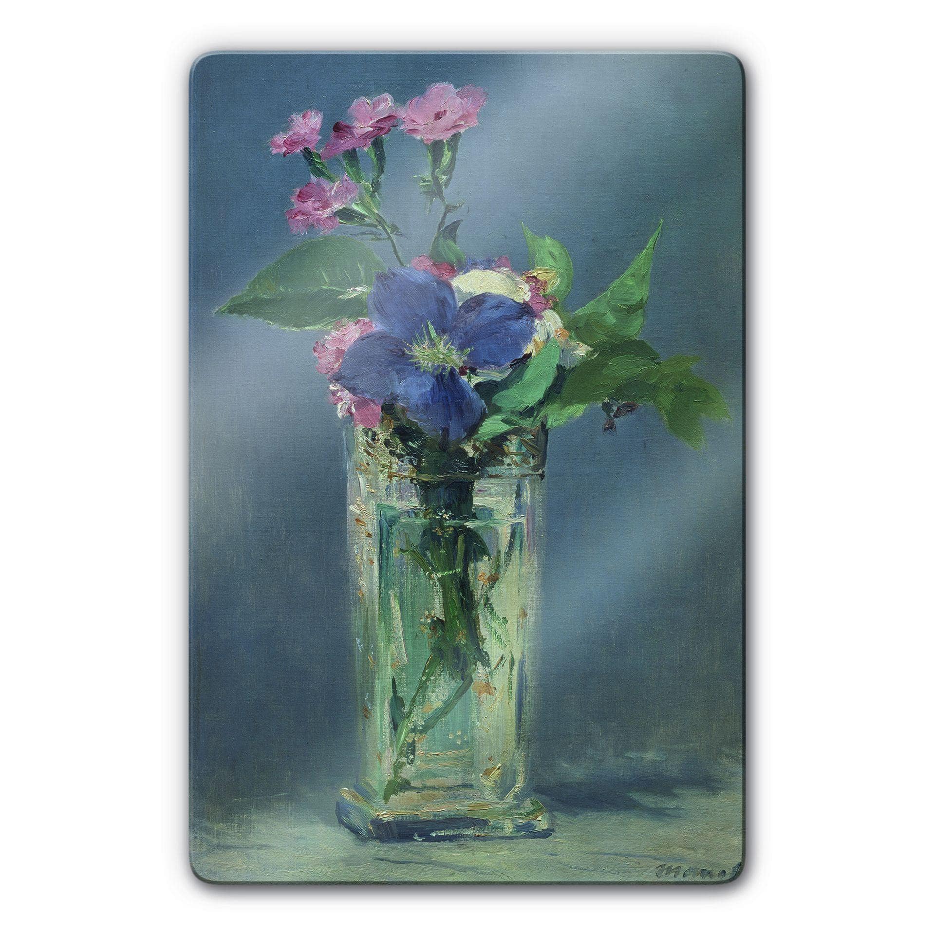 Tableau en verre - Manet - Oeillets et clematite dans un vase de cristal