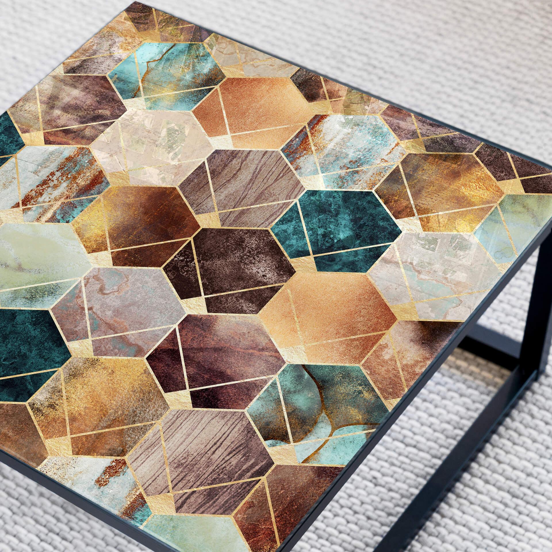 Plateau de table en verre - Hexagones dorés et cuivrés - Carré