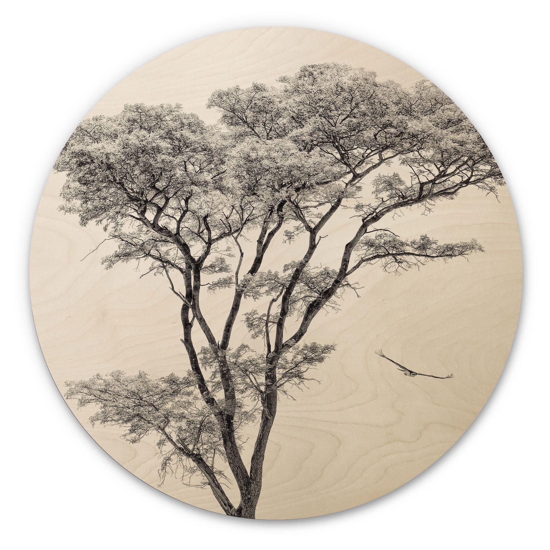 Cuadro de madera Arbol minimalista en un paisaje tranquilo - Harina - Redondo