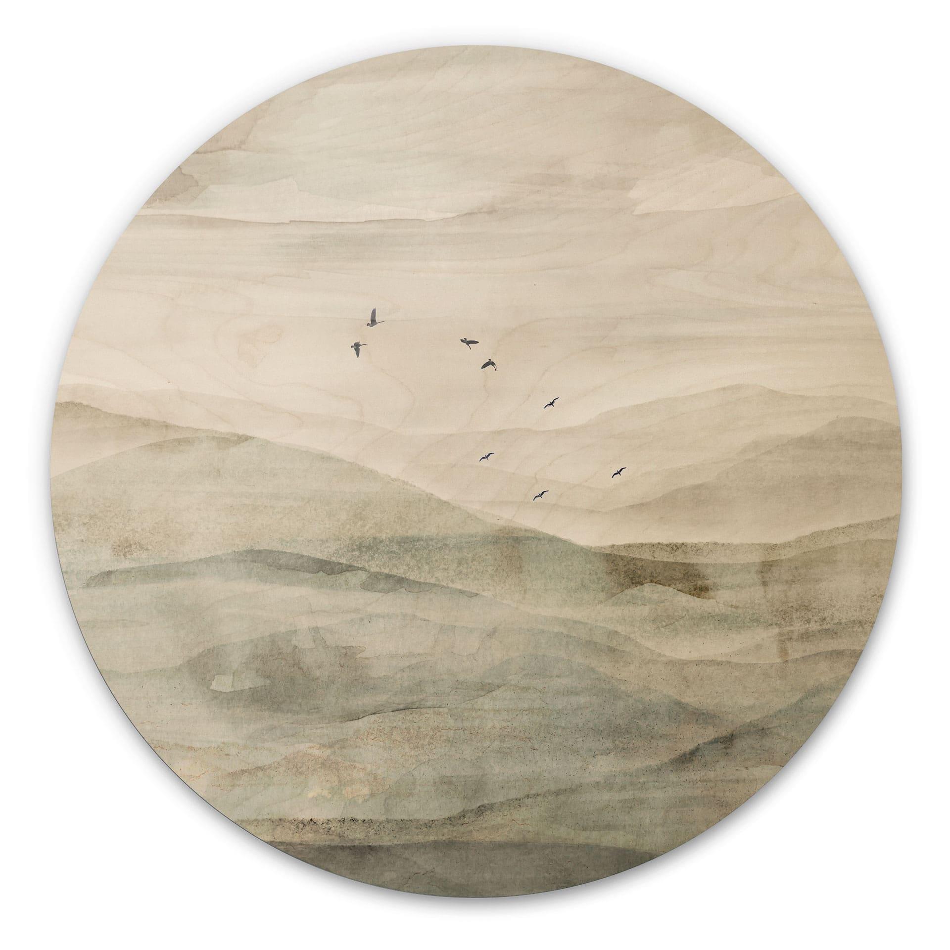 Houten Wanddecoratie Mistig berglandschap aquarel - Ms Tiff - Rond