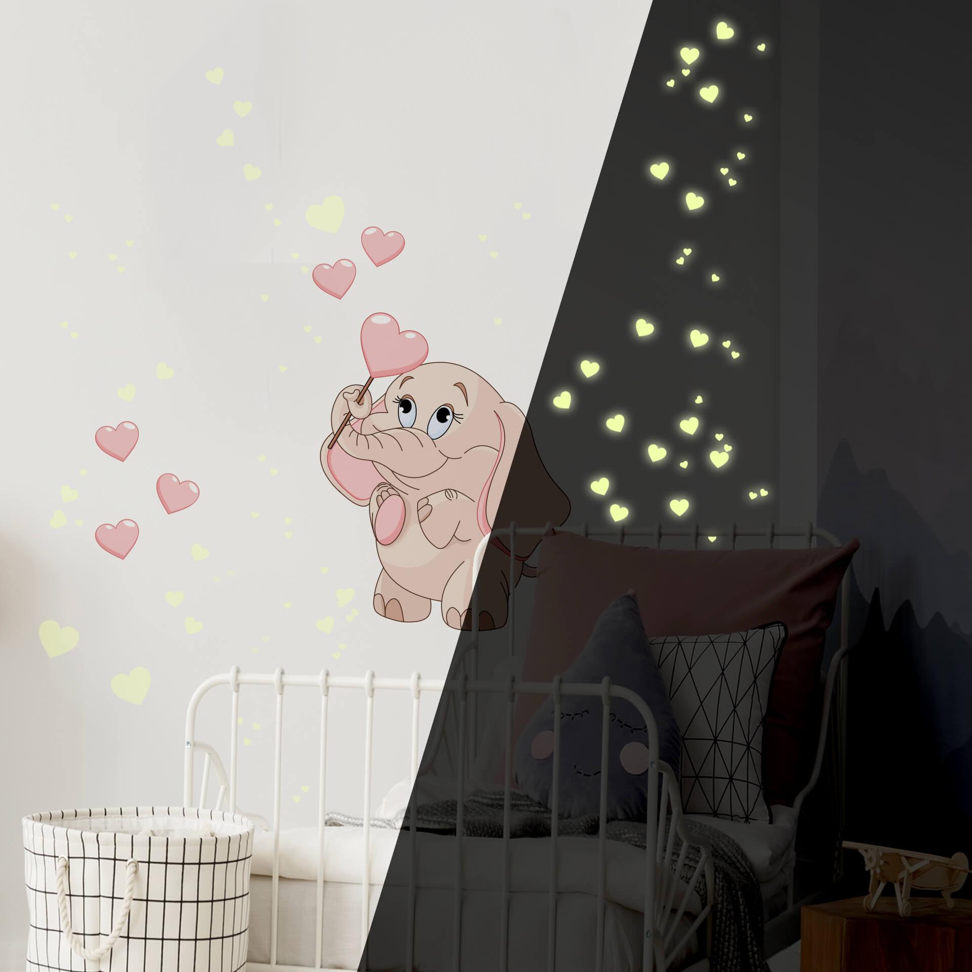 Wallsticker Baby elefant med hjerter (Rosa) som er selvoplysende i mørke - vægprint