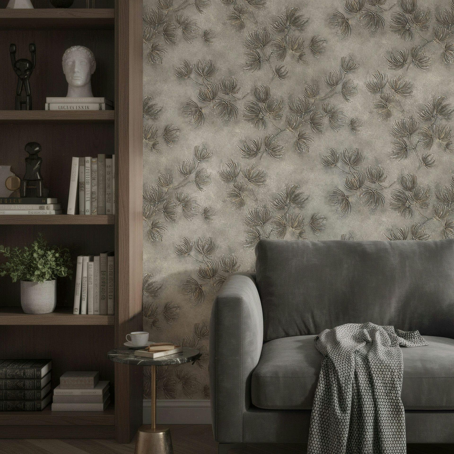 Papel pintado no tejido flores, hormigón naturaleza floral mate en gris 