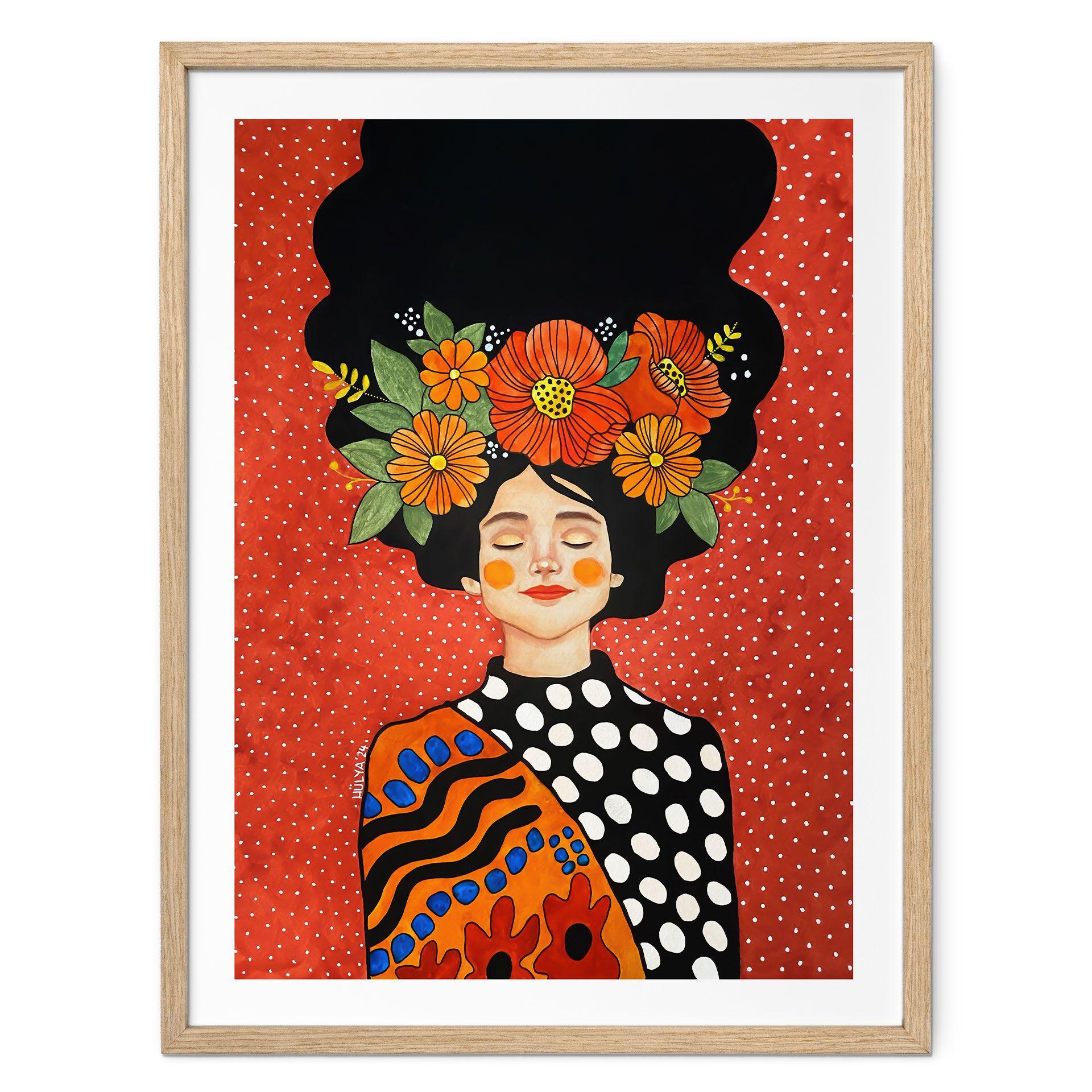 Póster Mujer sonriente con flores naranjas - Hülya
