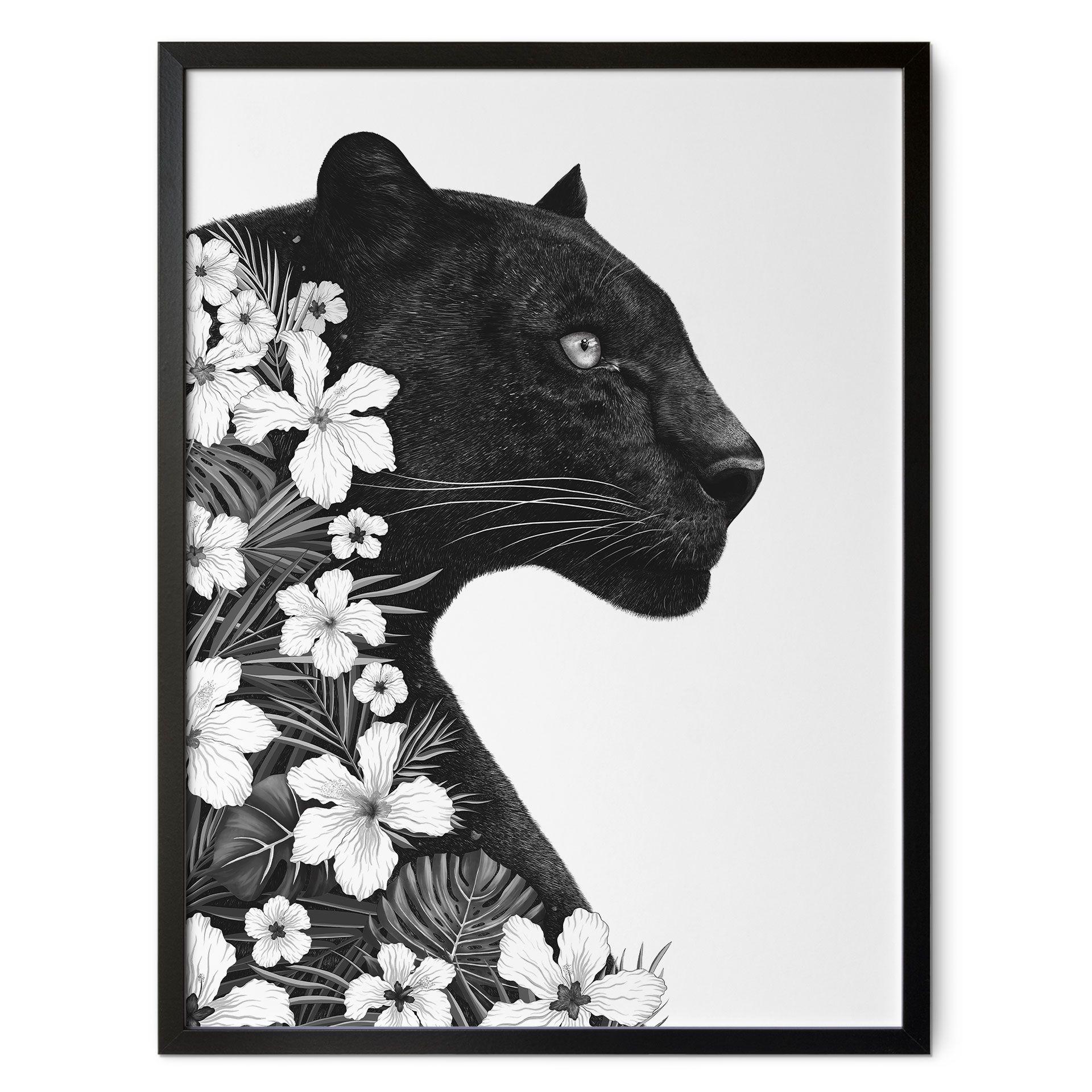 Póster Pantera negra con flores blancas - Korenkova