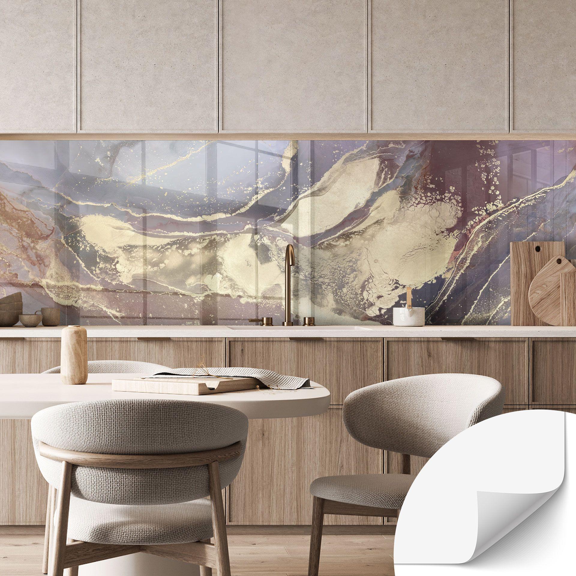Selvklæbende stænkplade til køkken Elegante strukturer i guld og lilla - Shelest