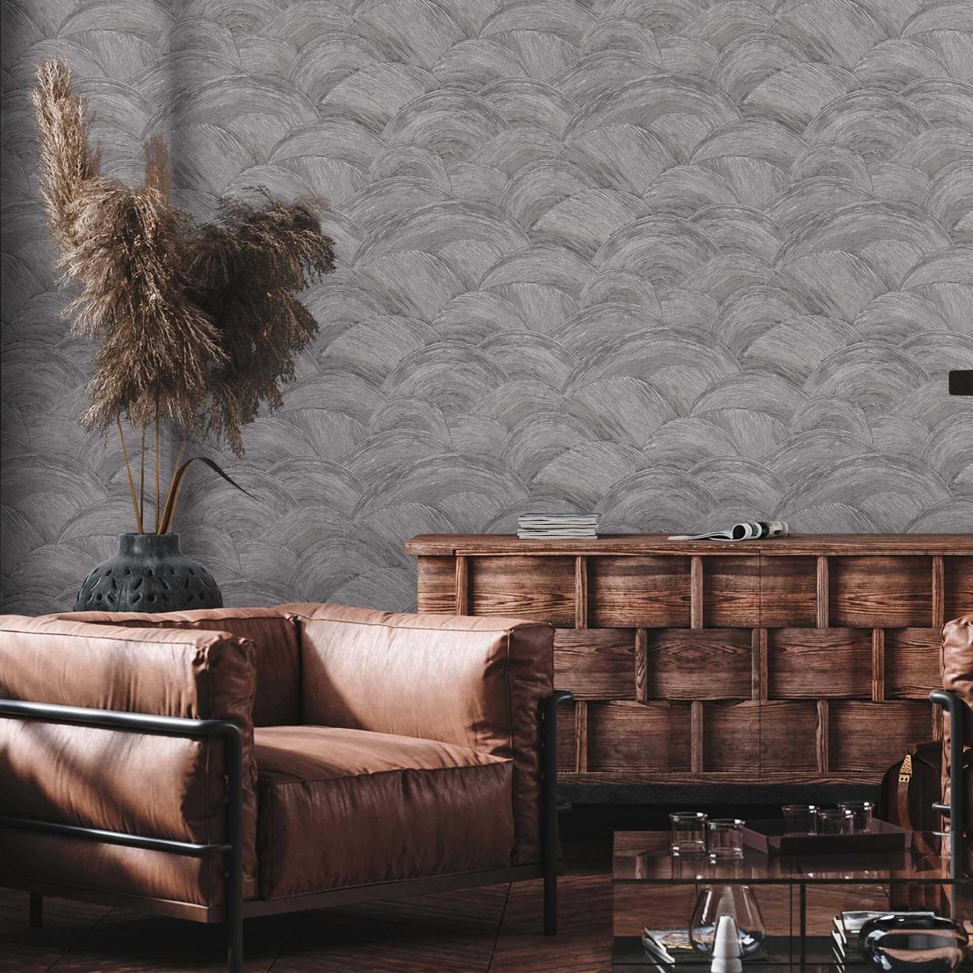 Gris, plata moderno papel pintado no tejido ondas - papel pintado de diseño para sala de estar
