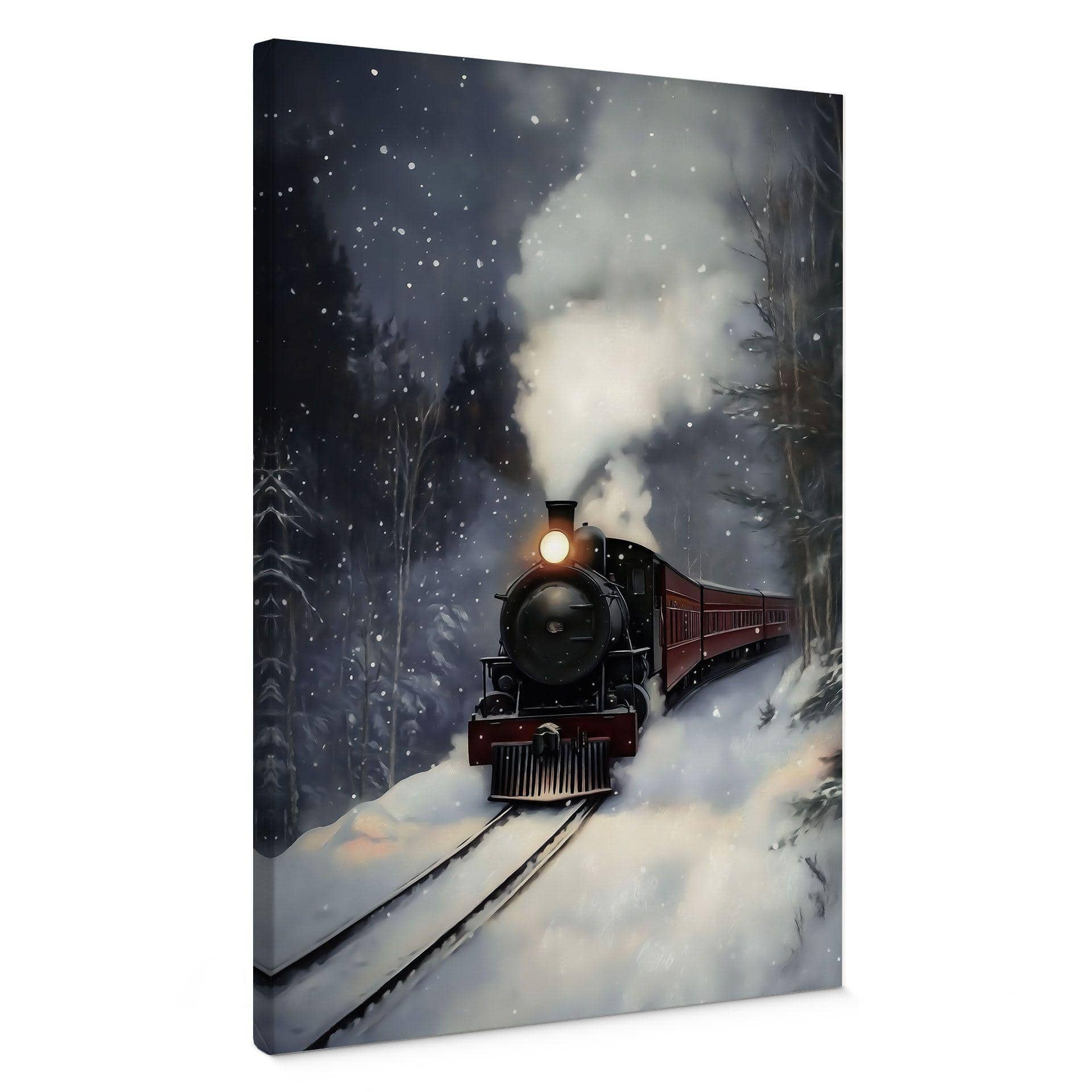 Canvasbillede Vinterromantik - Damplokomotiv i en snedækket skov - Melloi Art Prints