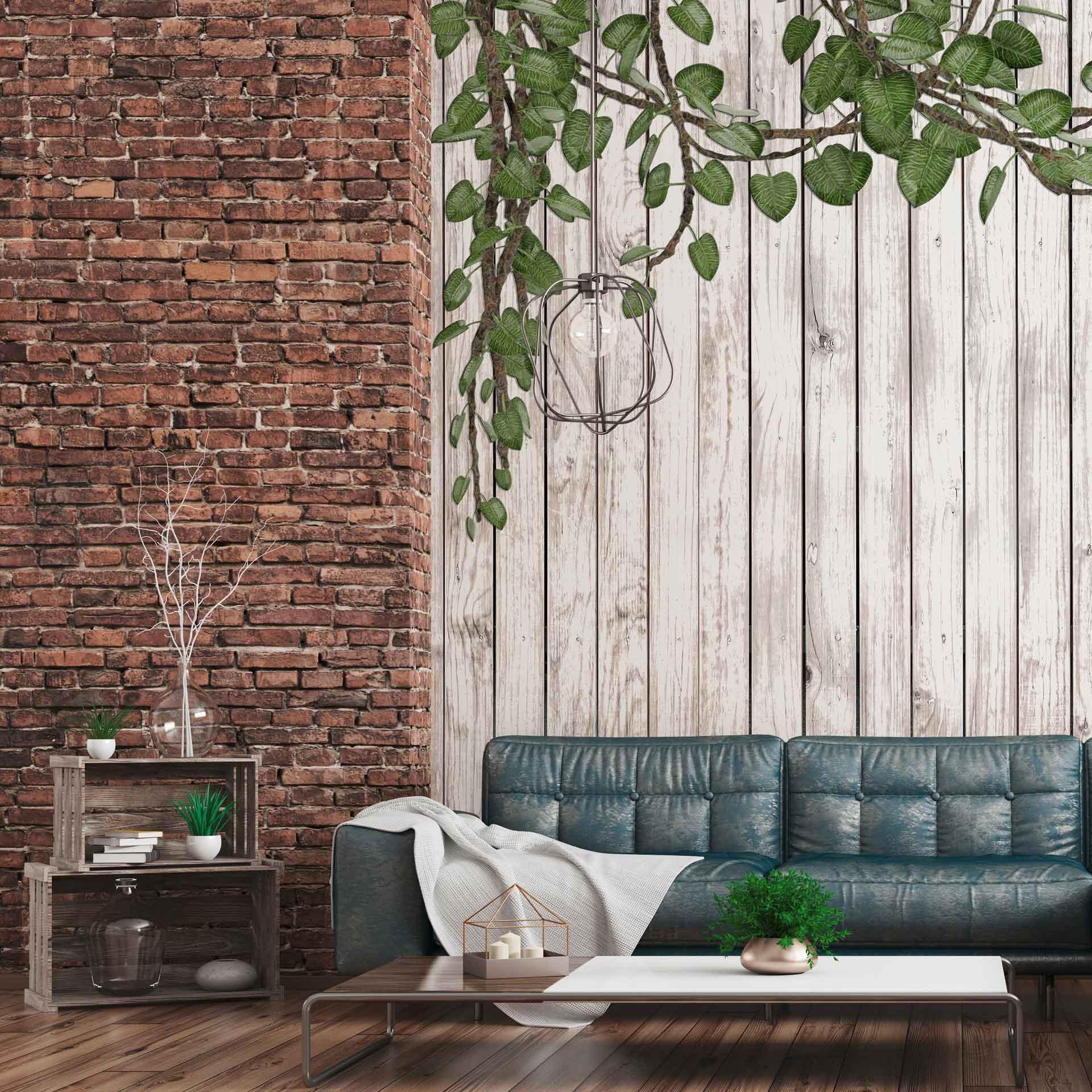 Wood&leaves tapet i brun og hvid - non-woven Designwalls 2 - 2,55 x 3,5 m