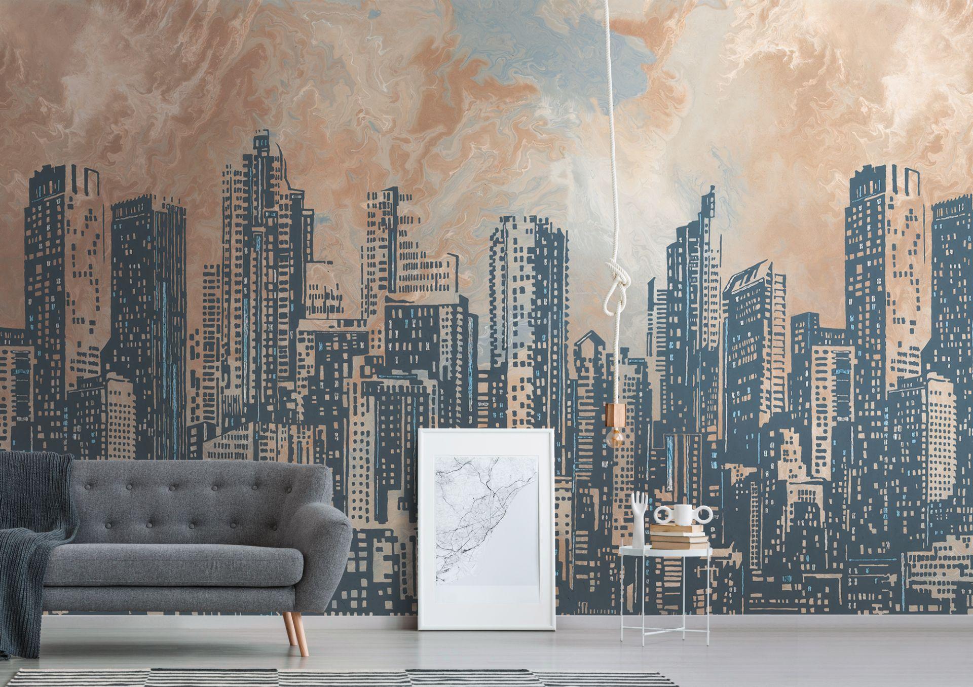 tapet skyline orange grå - non-woven tapet arkitektur Livingwalls - mat og glat