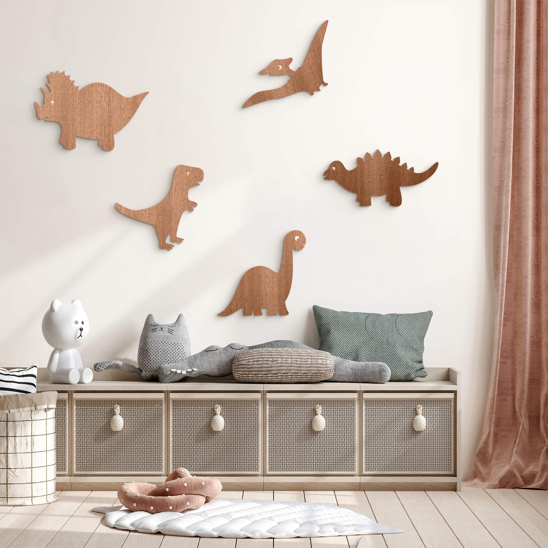 Decoración en madera caoba - Juego de dinosaurios (5 piezas)