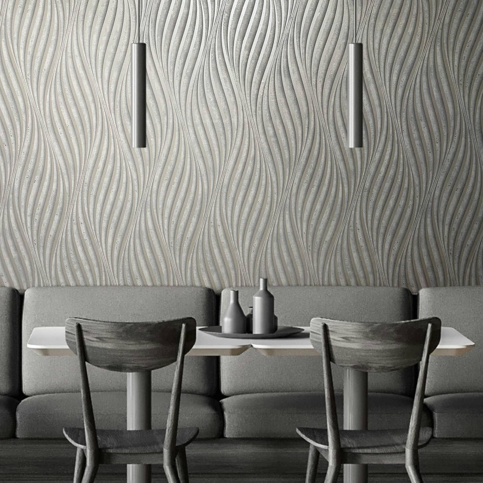 Papel pintado no tejido con rayas curvas brillantes Muestra gris