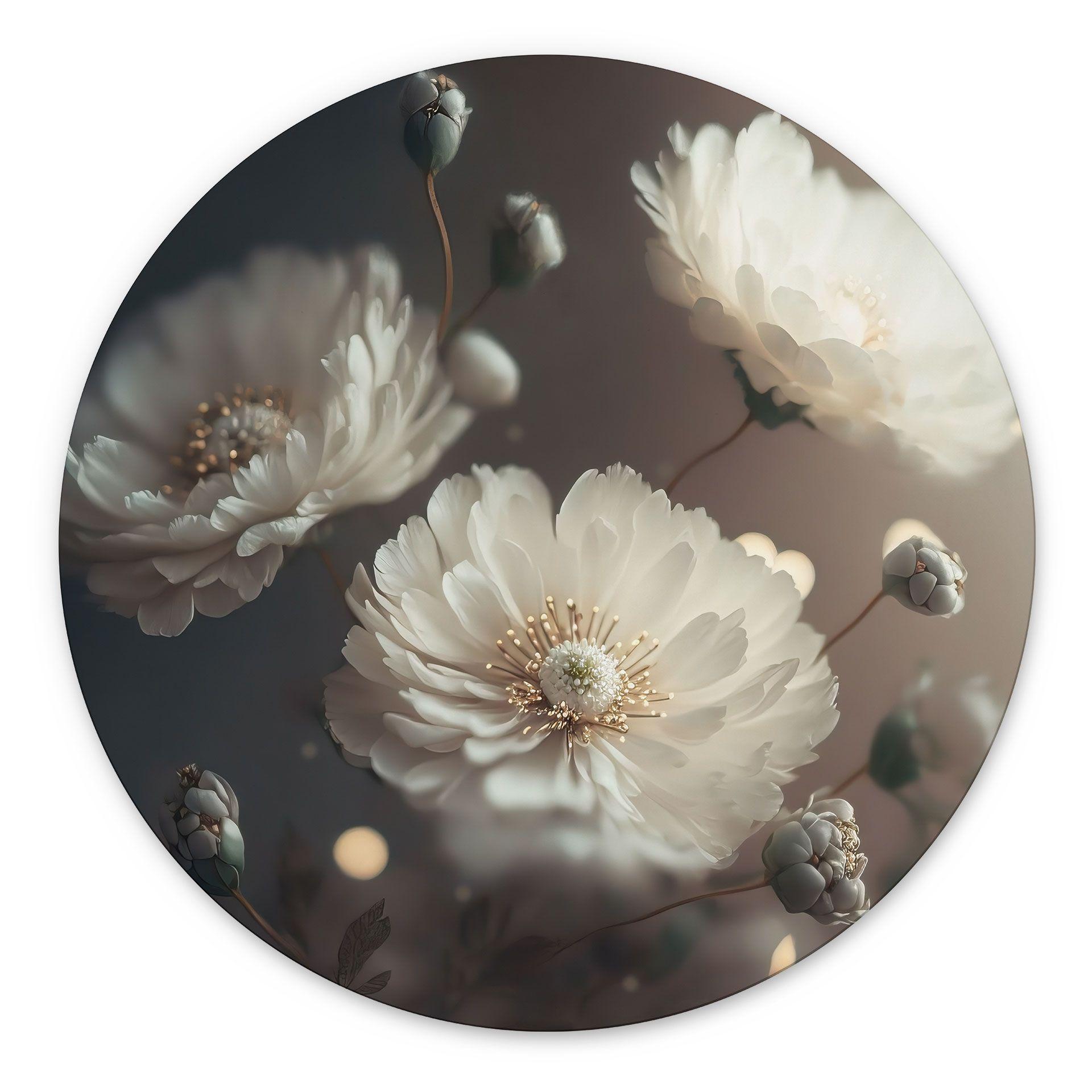 Billede Hvide blomster med guldstøv - Treechild - rund – print på aluminium (Alu-Dibond)