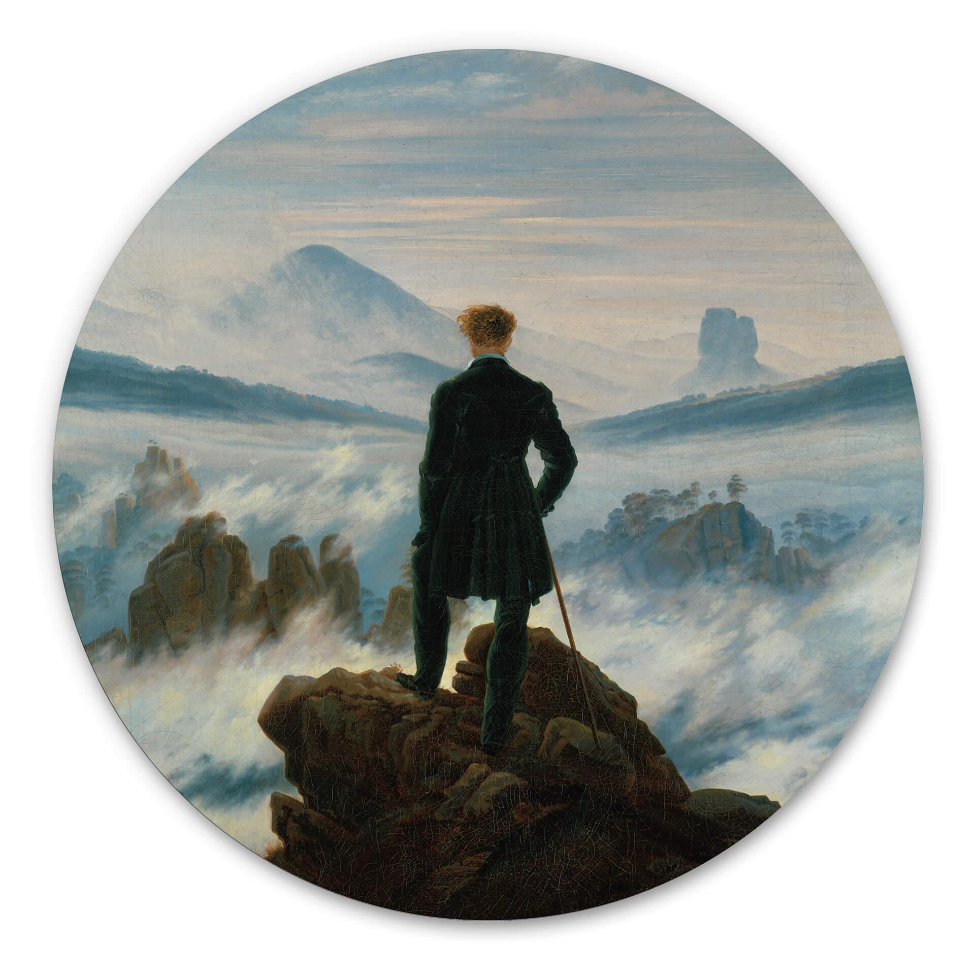 Tableau sur alu-Dibond rond Friedrich - Le vagabond au-dessus de la mer de brouillard