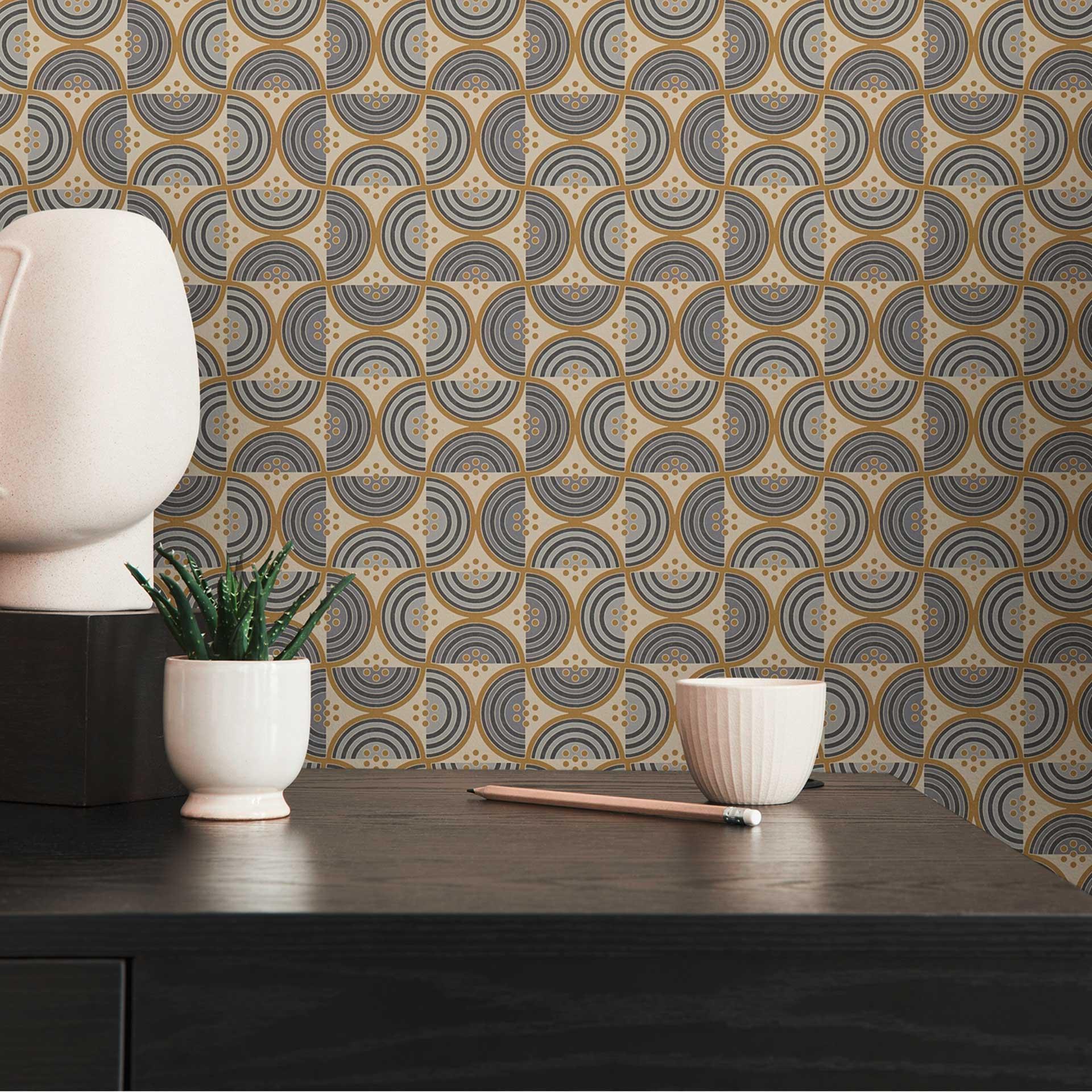 Papel pintado con motivo de ondas y líneas gris dorado - papel pintado gráfico no tejido de aspecto retro