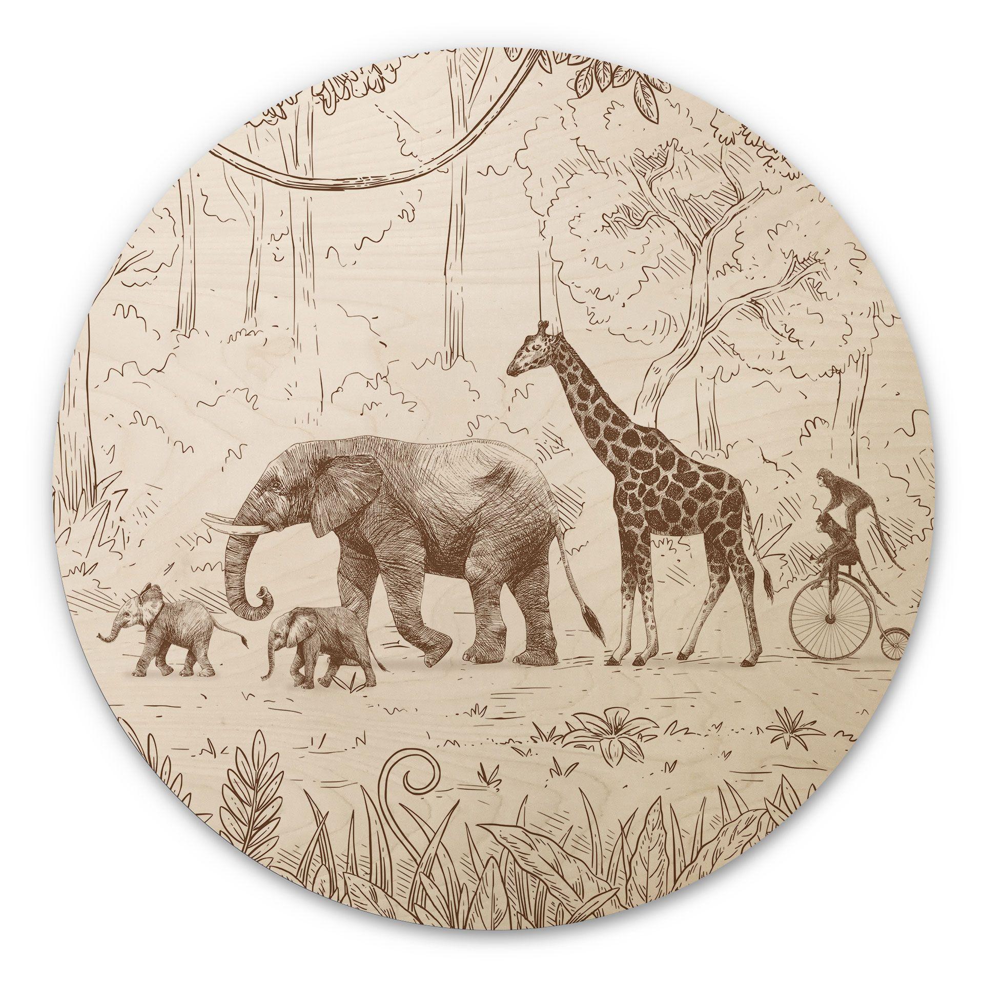 Cuadro de madera desfile selva con animales - Kikki Belle - Redondo