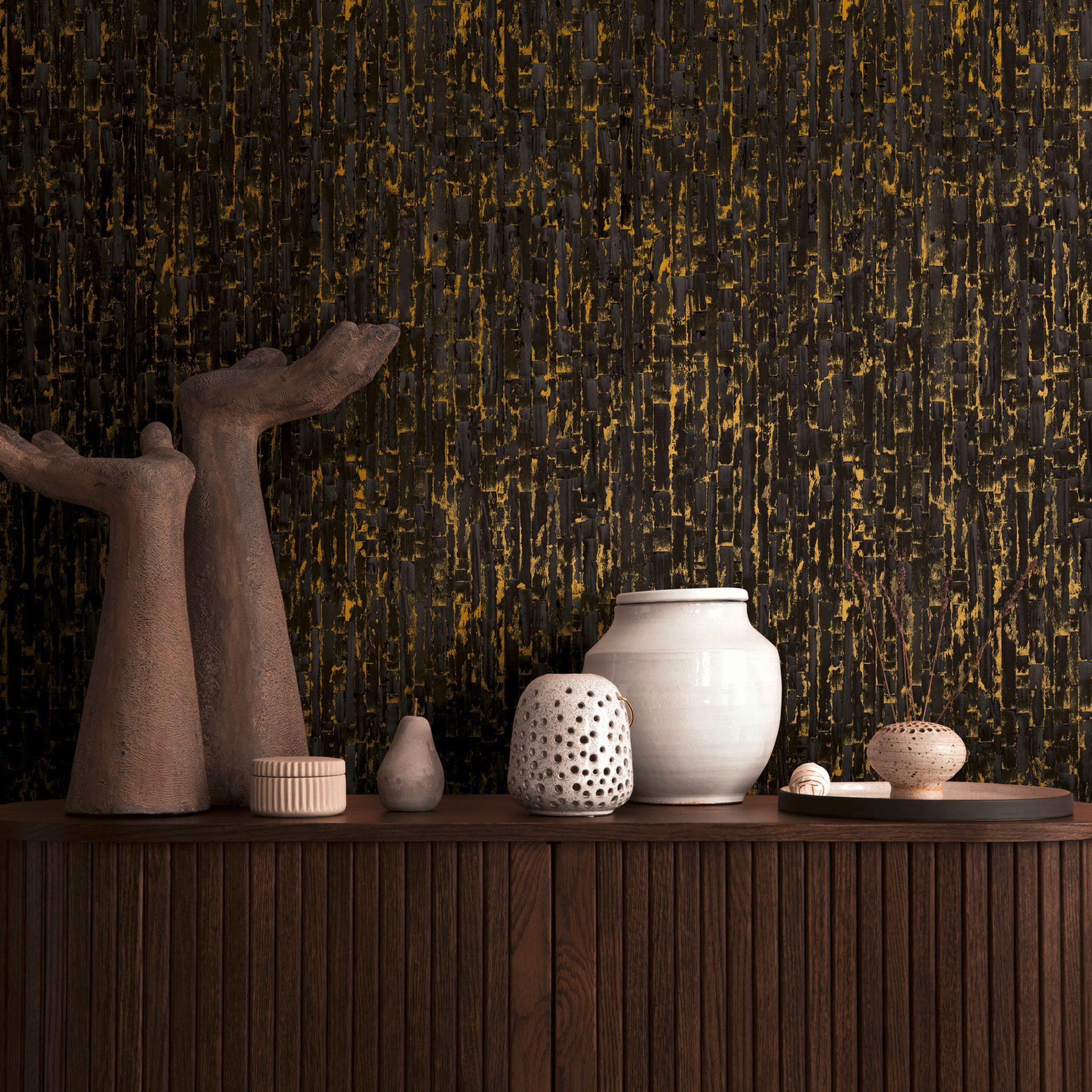Papel pintado autoadhesivo texturado oro negro - papel pintado no tejido con efecto 3D moderno