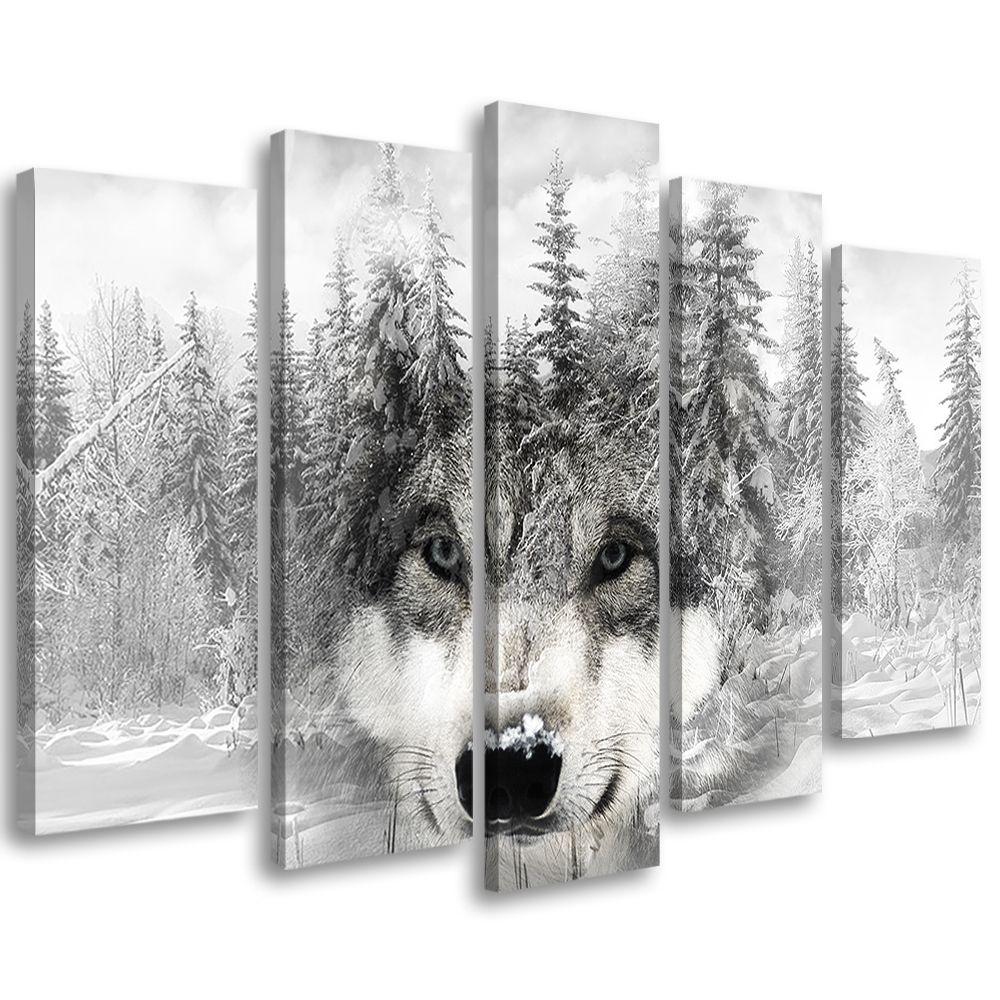 5 stykke lærredsprint, Wolf Forest Nature Grey