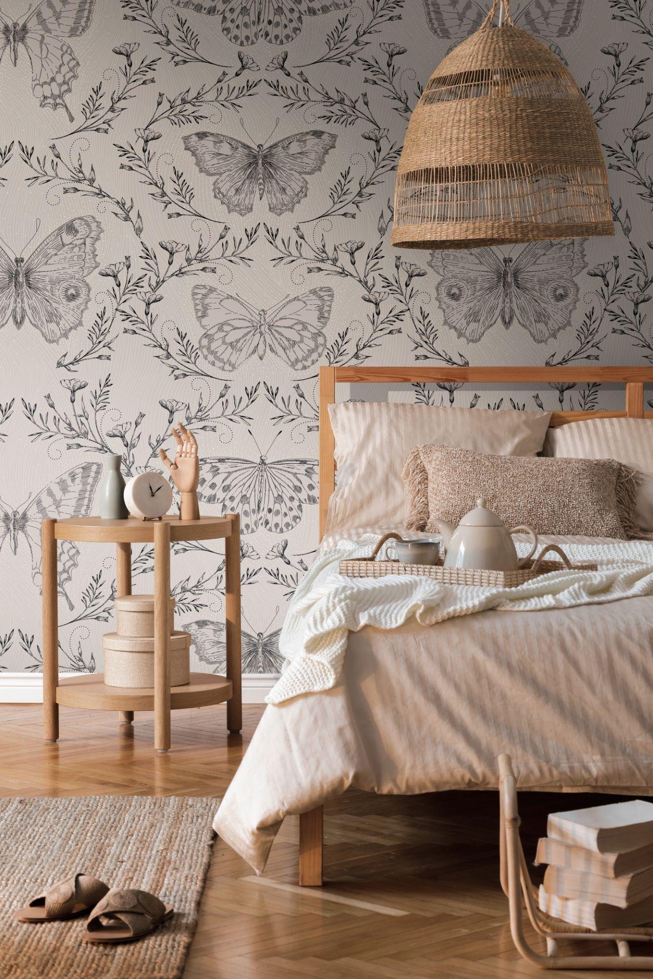 Papel pintado Mariposa gris beige - papel pintado tejido-no tejido insectos Livingwalls - mate y liso