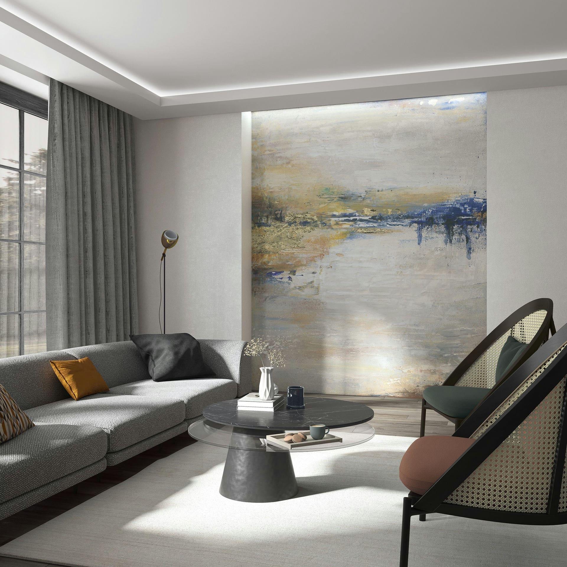 Fototapet i beige med abstrakt sø Graphic Classic 2,70 x 2,12m