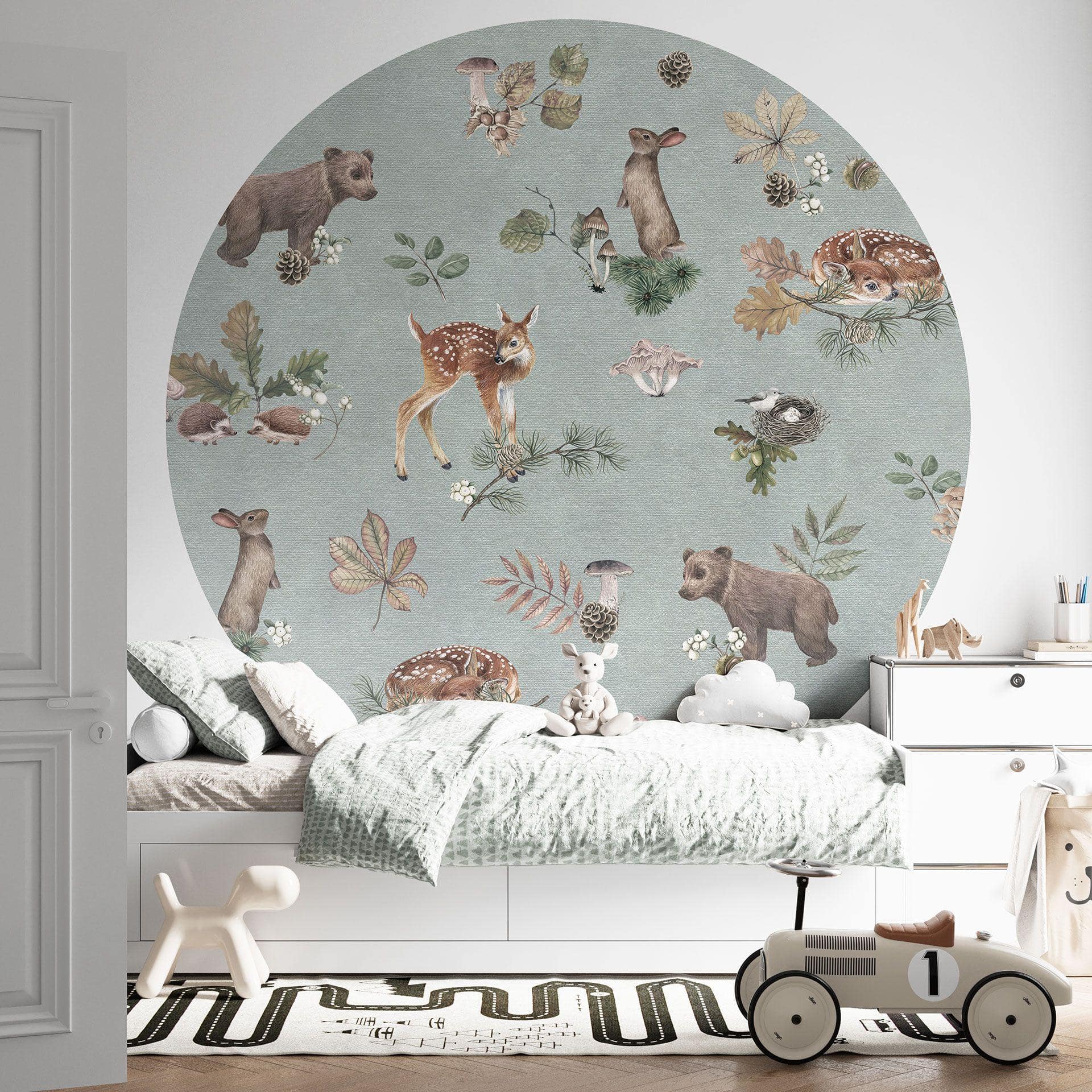 Fawn and forest friends fototapet - dyr til børn - blå - Kikki Belle - Rund - vliesetapet/selvklæben