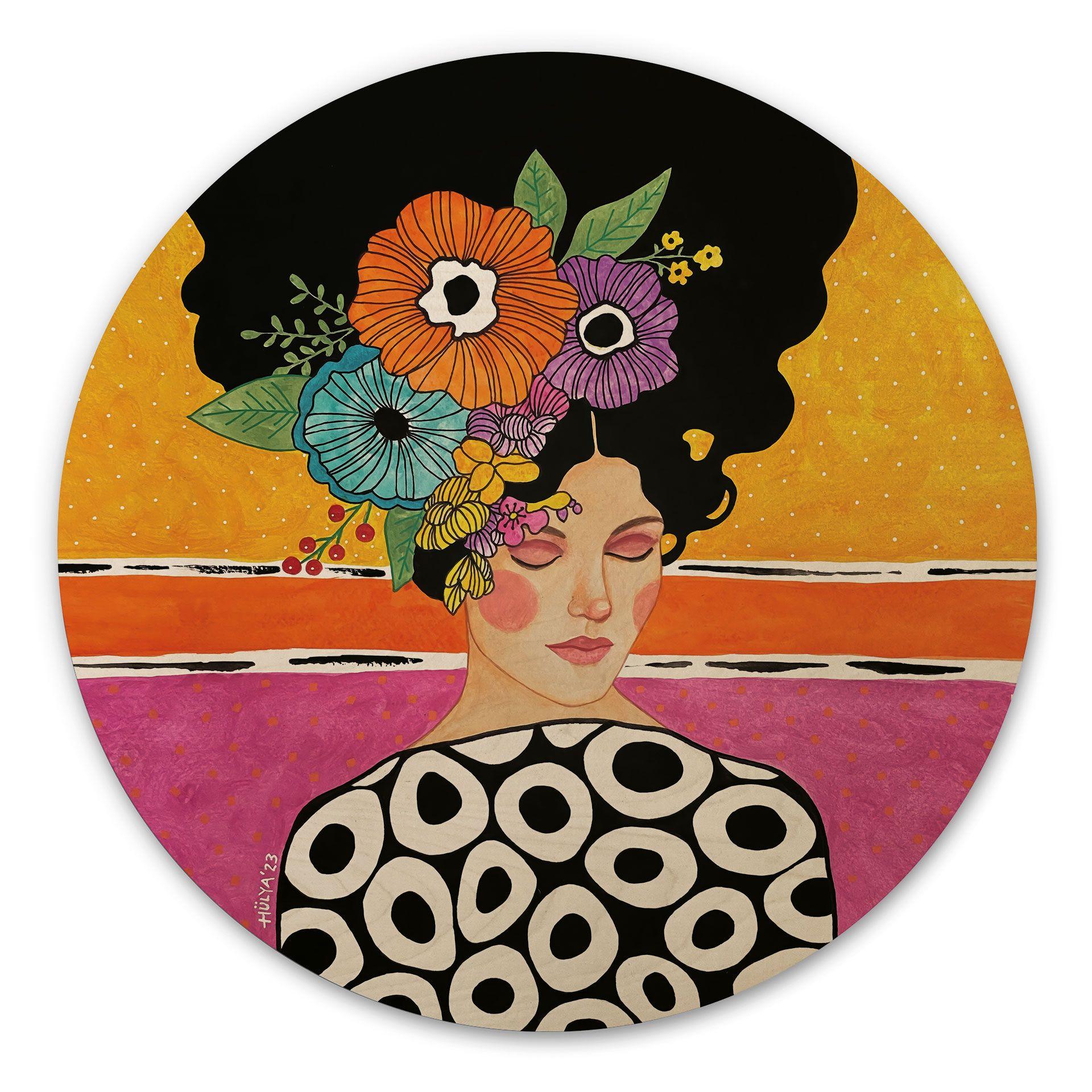 Cuadro de madera mujer con corona de flores de colores - Hülya - Redondo