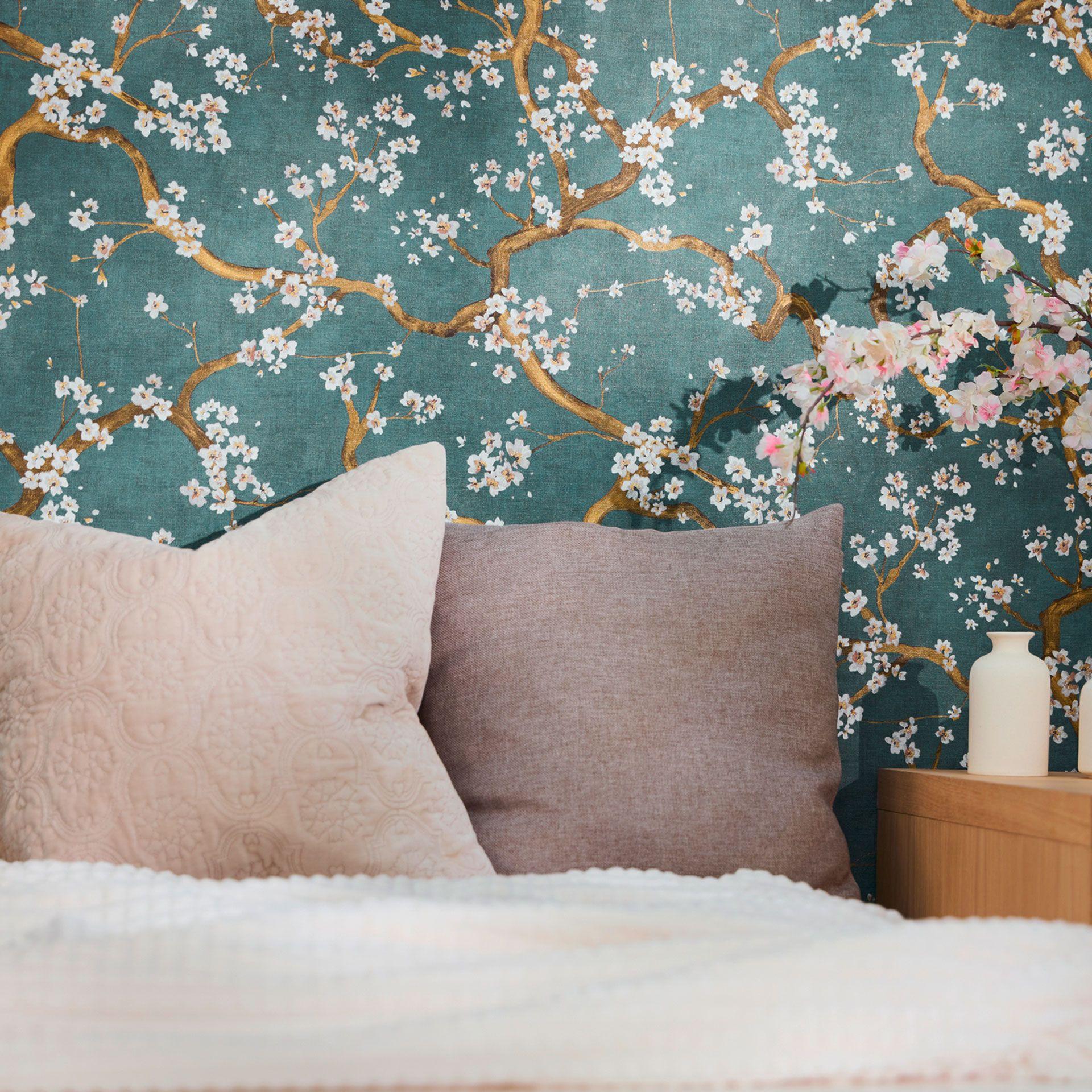Blossom branch tapet mørkegrøn guld hvid - asiatisk blomstermotiv - Ikke-vævet tapet