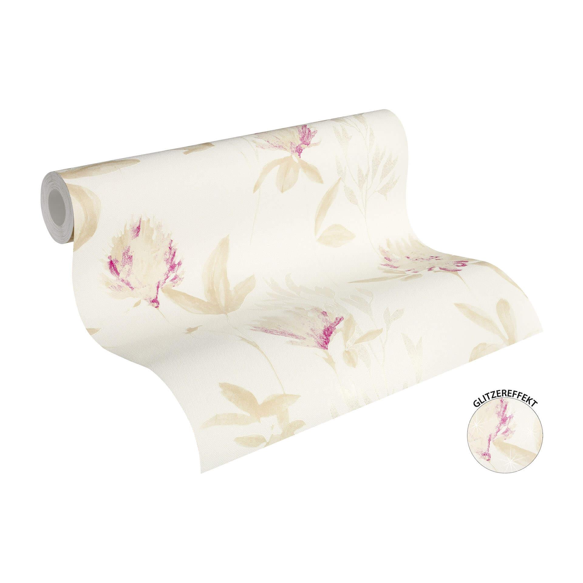 Designdschungel af Laura N. Fleecetapet Blomstertapet, beige, metallic, lilla