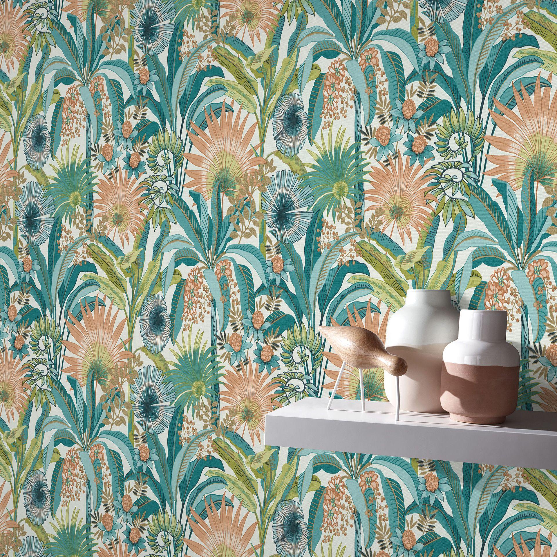 Blomstertapet, blomstertapet, Erismann Martinique turkis non-woven tapet