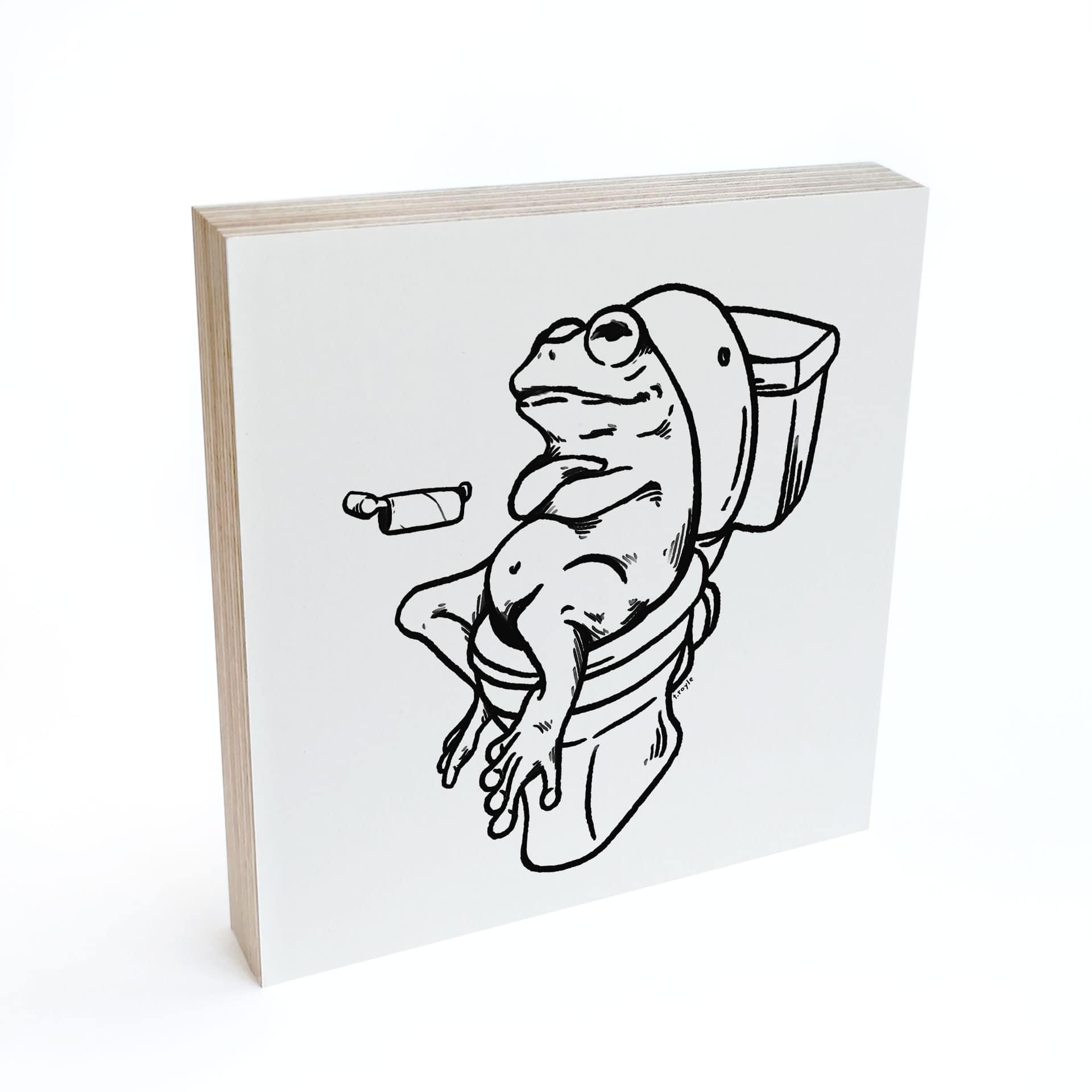 Træ dekoration blok Venter på toilettet - Humoristisk illustration af en frø - Royle