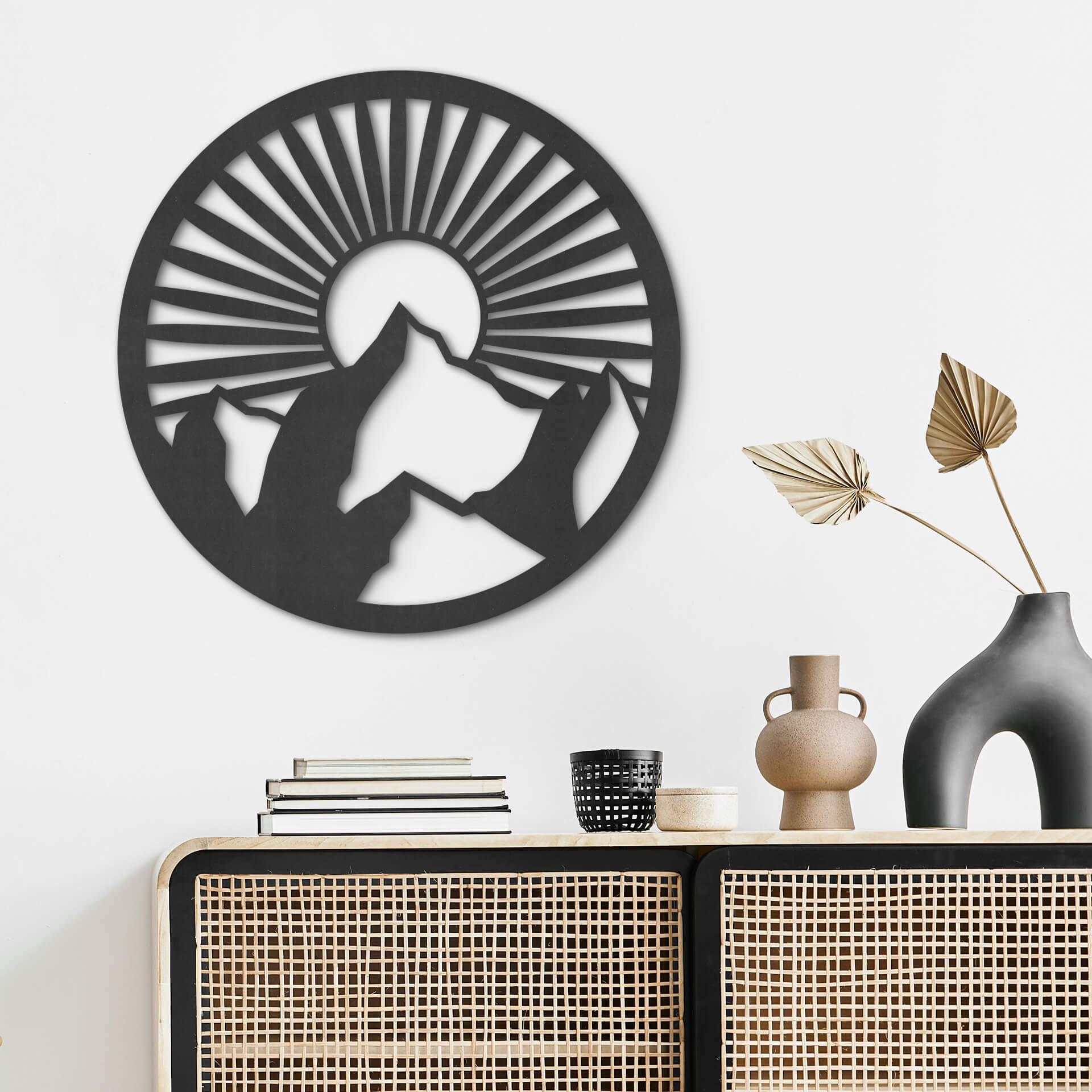 MDF - Decoración en madera paisaje de montaña en la puesta de sol - Redondo