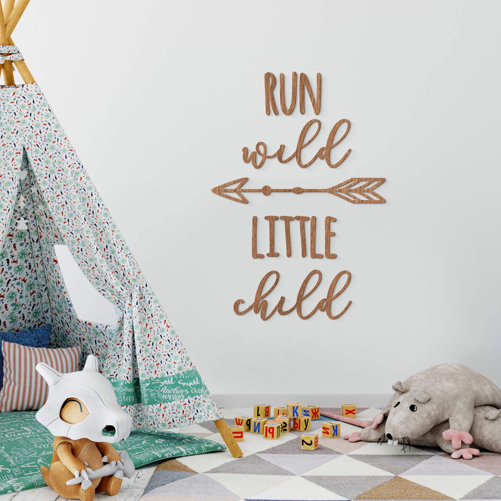 Décoration en bois - Run wild little child - Placage d'acajou