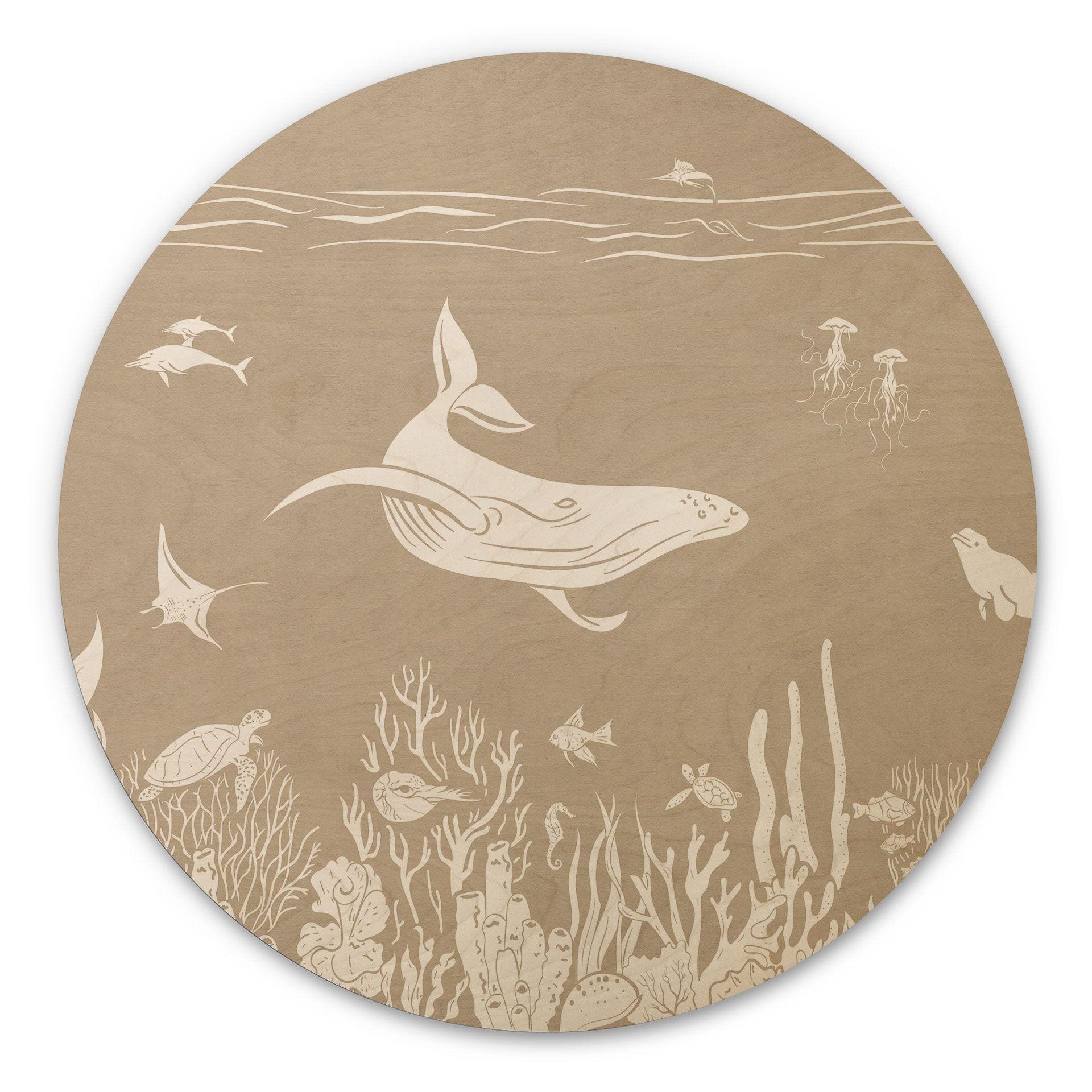 Cuadro de madera de animales marinos en el océano - Marrón - Kikki Belle - Redondo