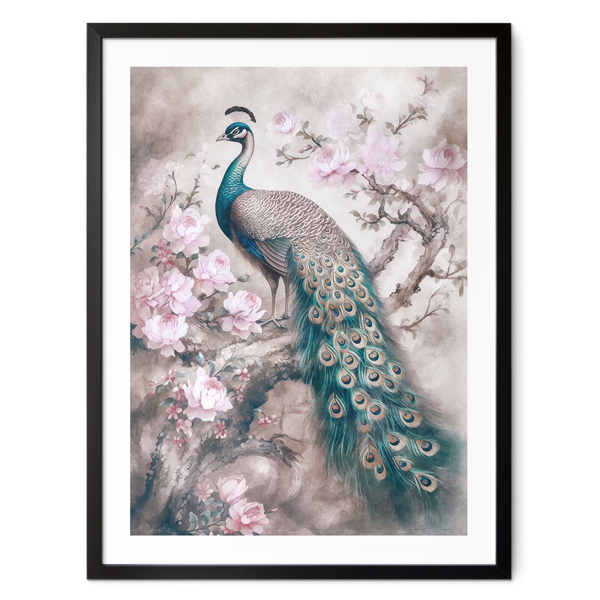Plakat Påfugl med blomster - Haase