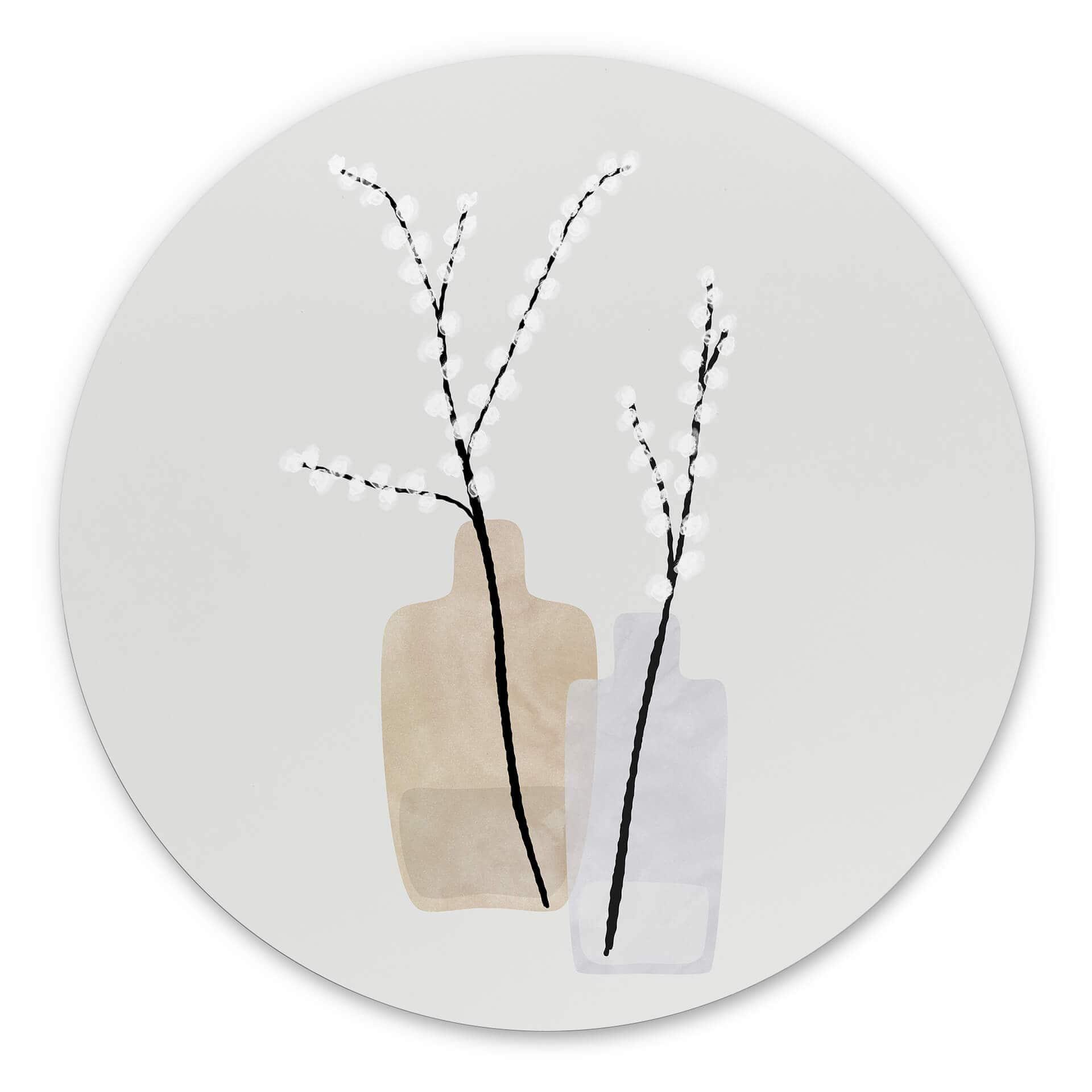 Tableau sur alu-Dibond rond Blursbyai - Deux vases avec des branches de saule dans des tons pastels