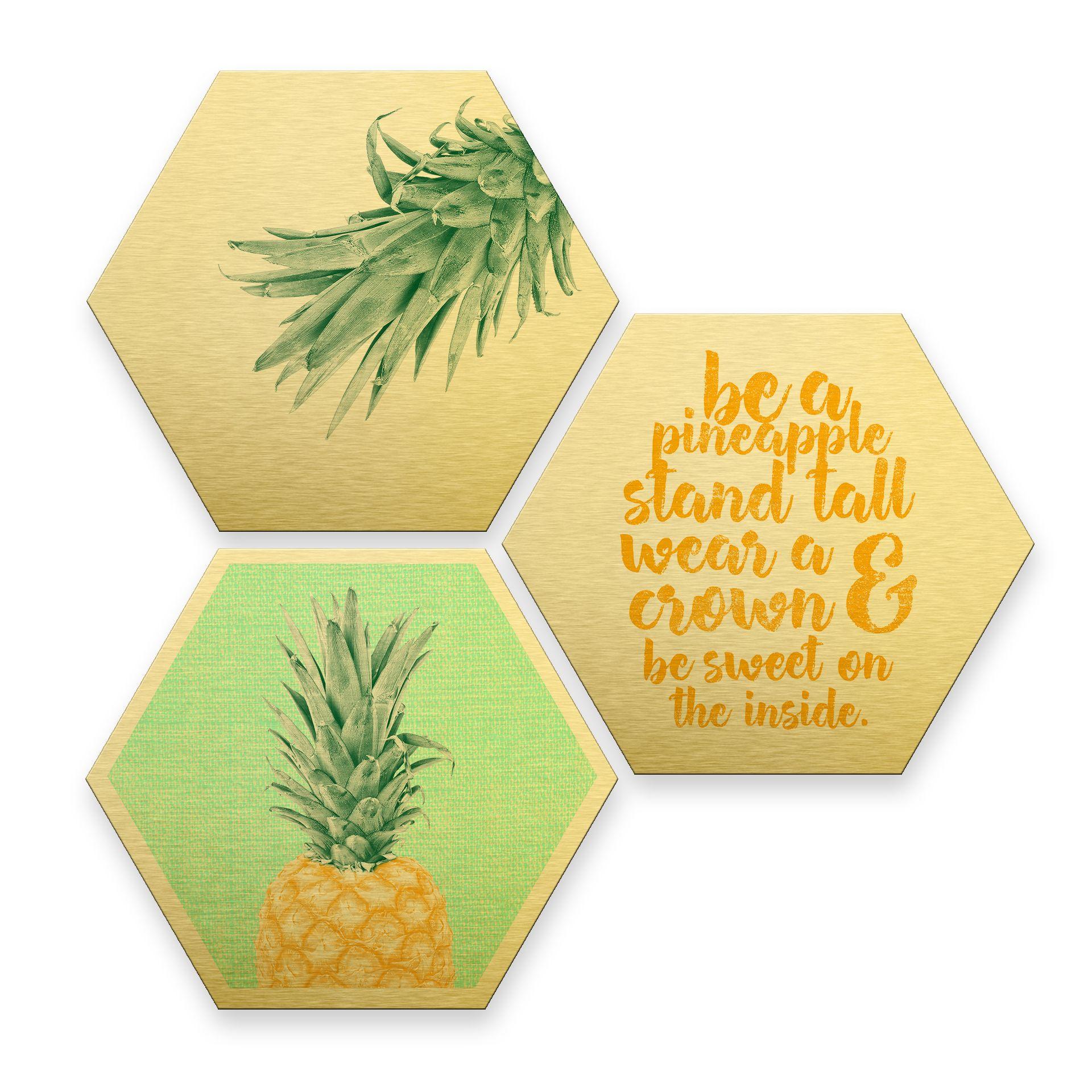 Hexagone - Alu-Dibond-Effet doré - Ananas (Set de 3)