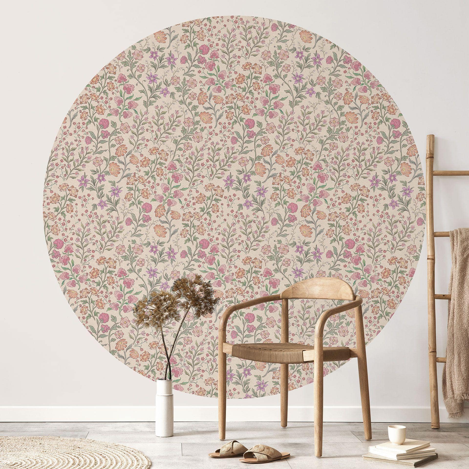 Fototapet med vintage engblomster - Beige - Blomsterdekoration - Rundt - Selvklæbende/ikke-vævet