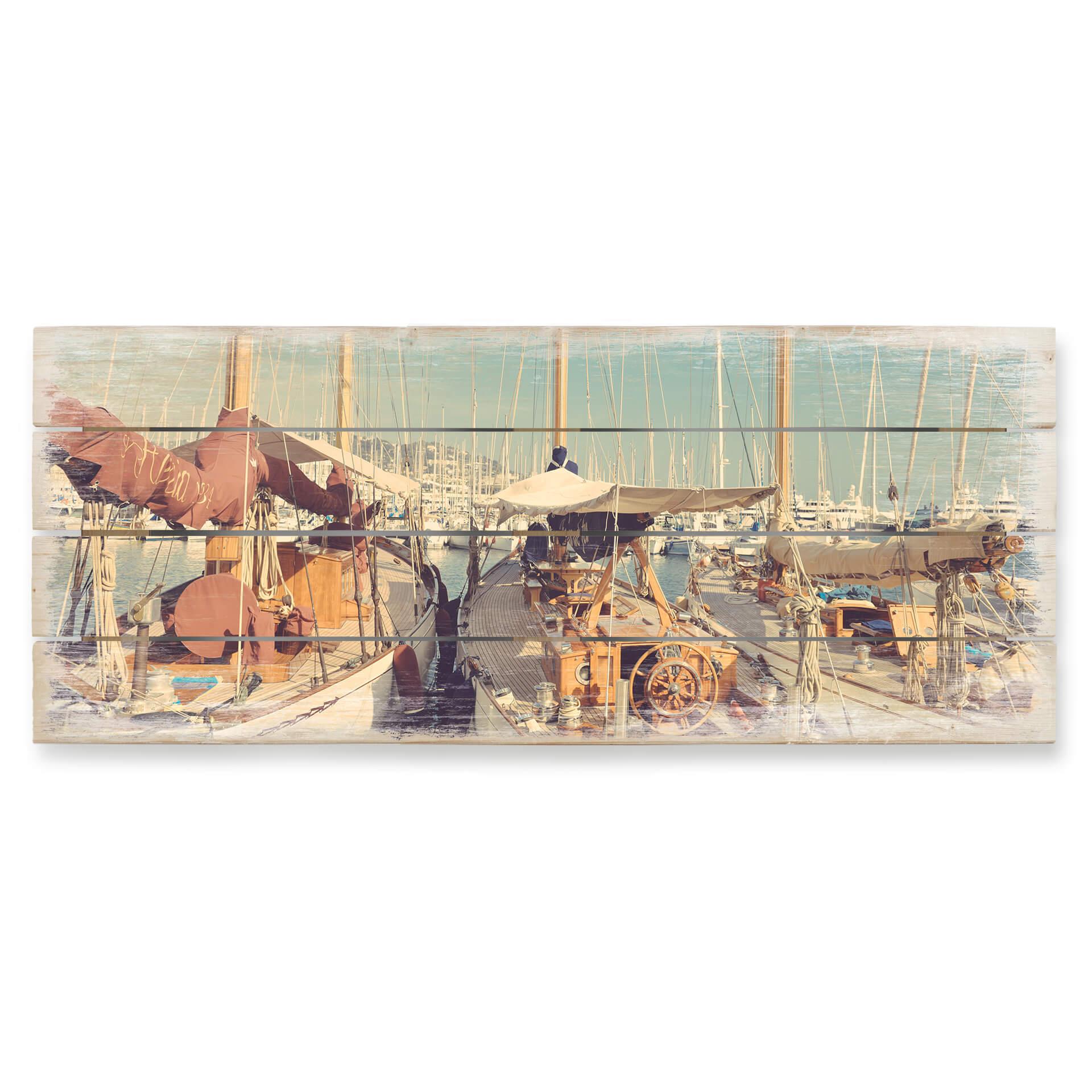 Sejlskib i havnen panorama - print på træ