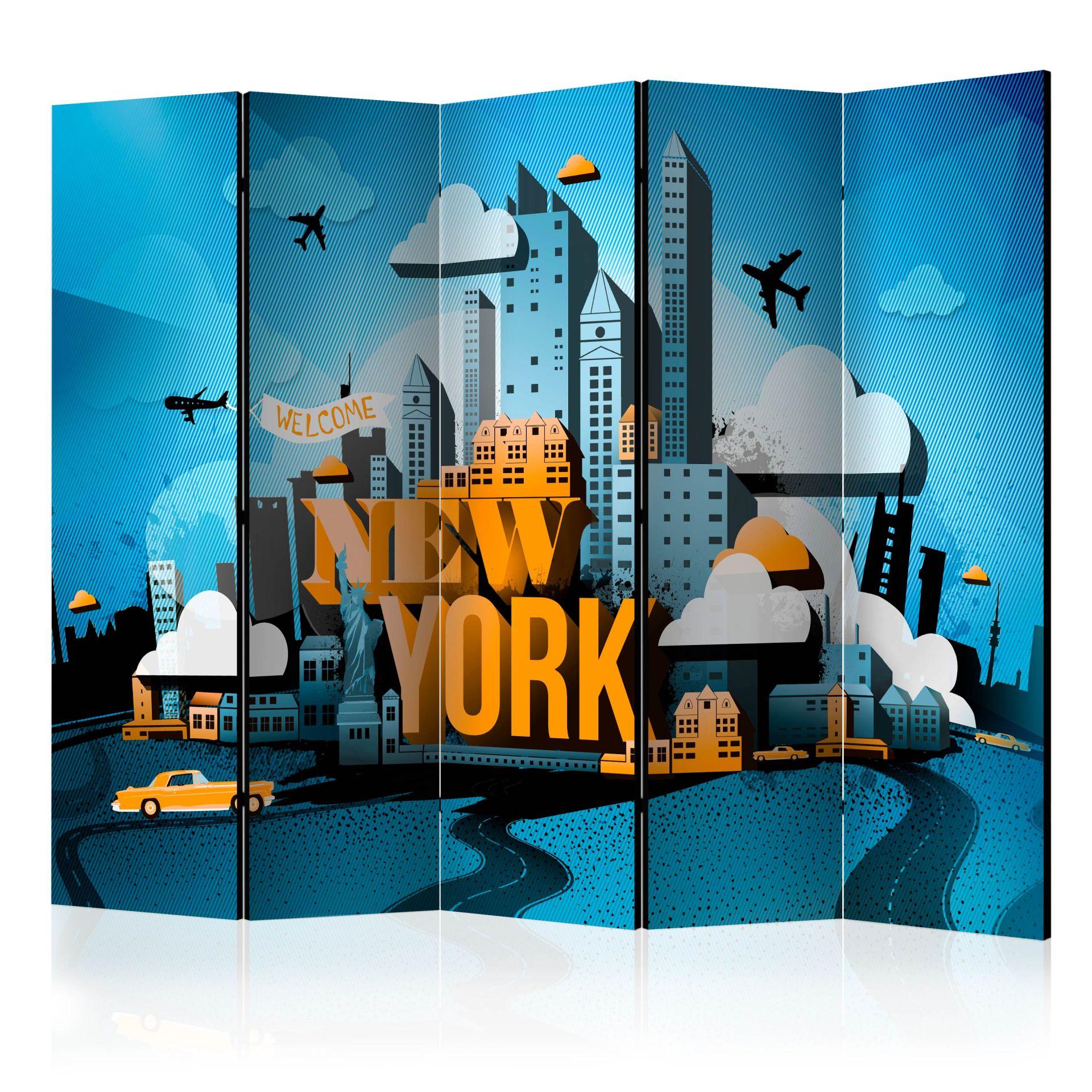 Skærm som rumdeler - Velkommen til New York , 5-delt - 225x172 cm
