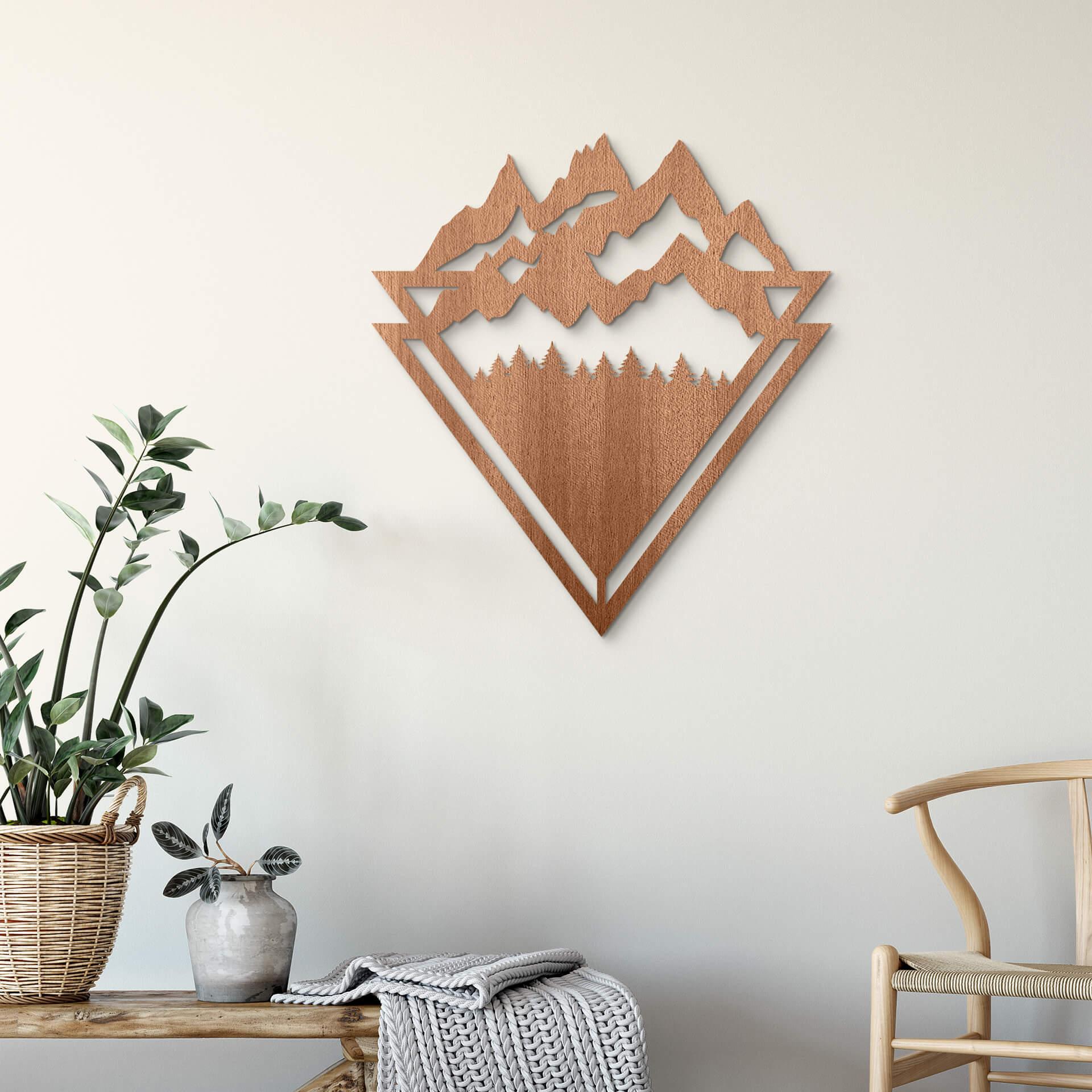 Decoración en madera caoba - Line-Art - Paisaje: Montañas con bosque
