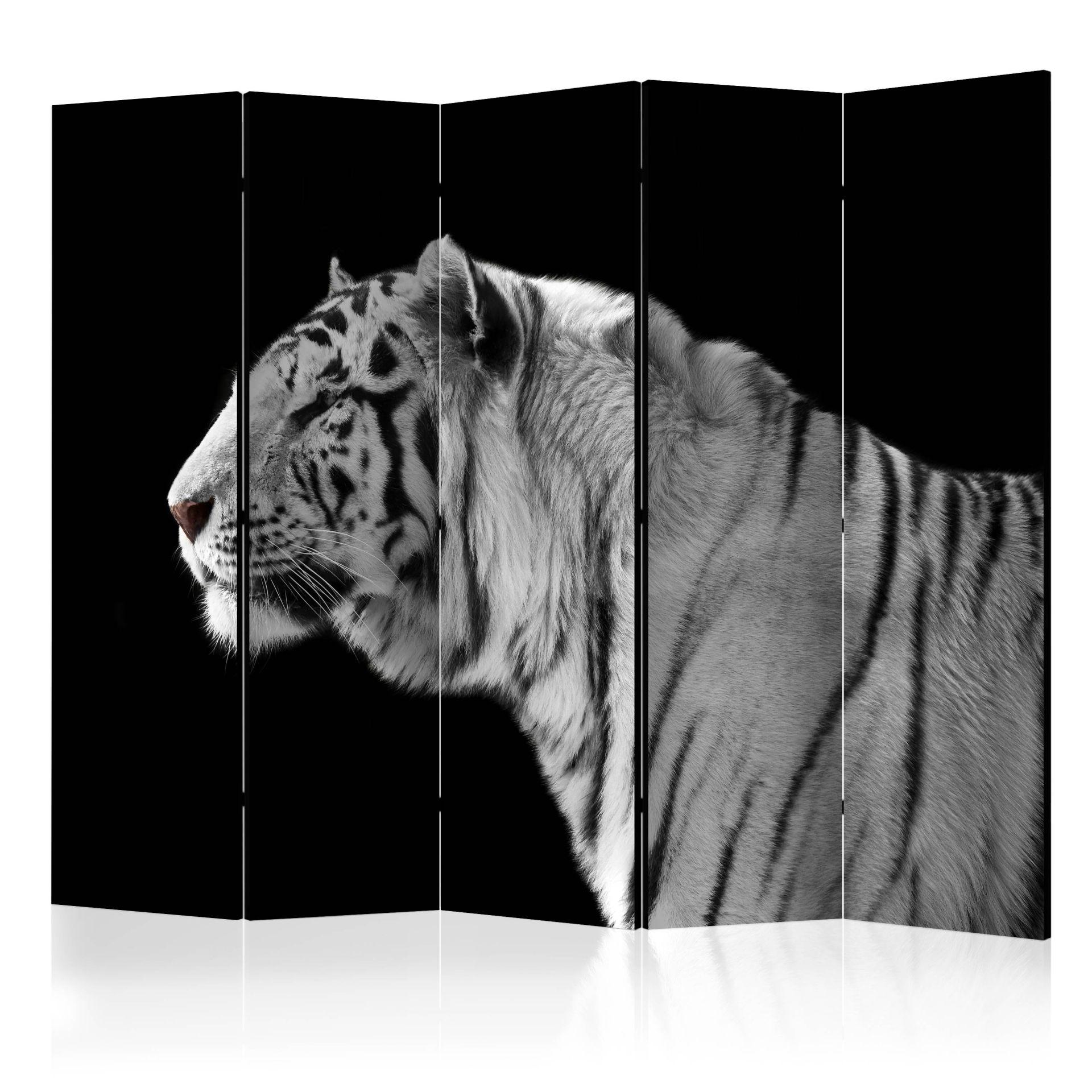Skærm til rumdeling - Hvid tiger , 5-delt - 225x172 cm