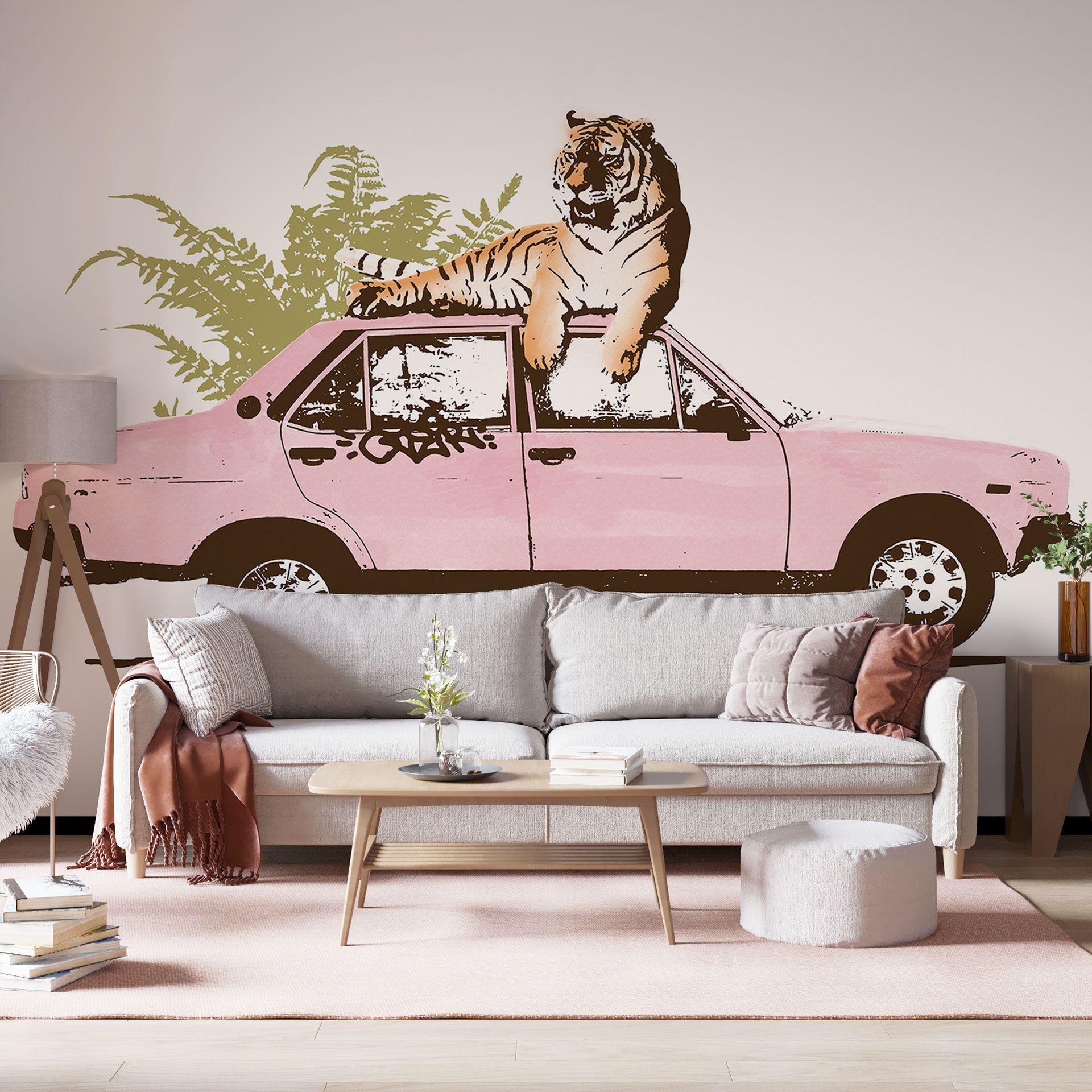 Fotomural de Tigre sobre coche rosa - Bodart