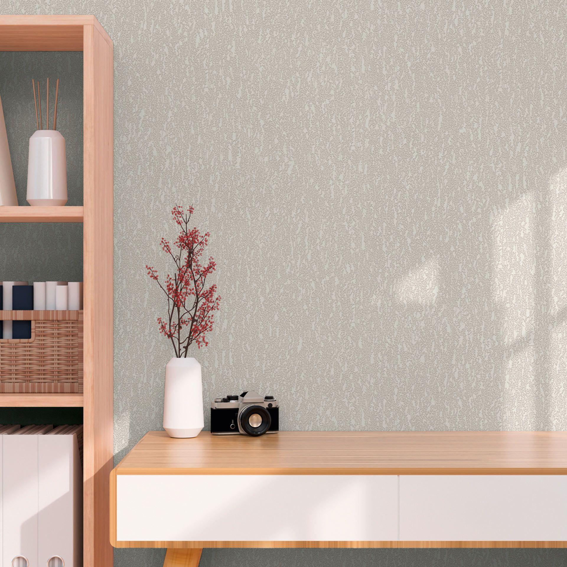 Papel pintado con textura en yeso aspecto crema grisáceo - Papel pintado no tejido mate con textura fina